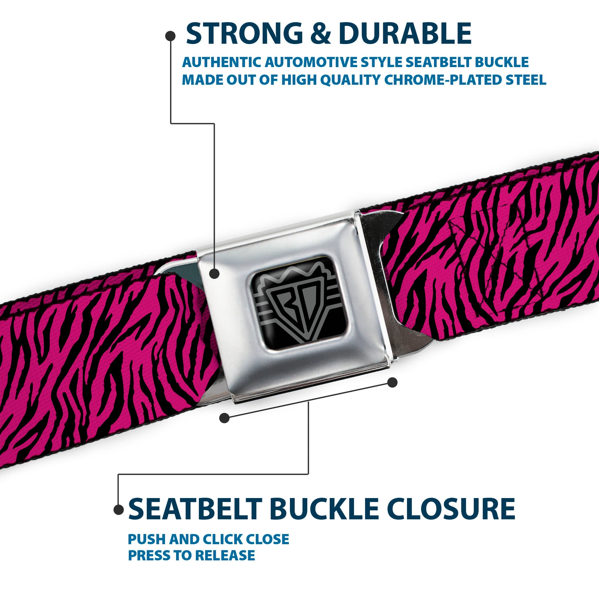 BD Wings Logo CLOSE-UP Full Color Black Silver Seatbelt Belt - Zebra 2 Fuchsia Pink Webbing Seatbelt Belts Buckle-Down