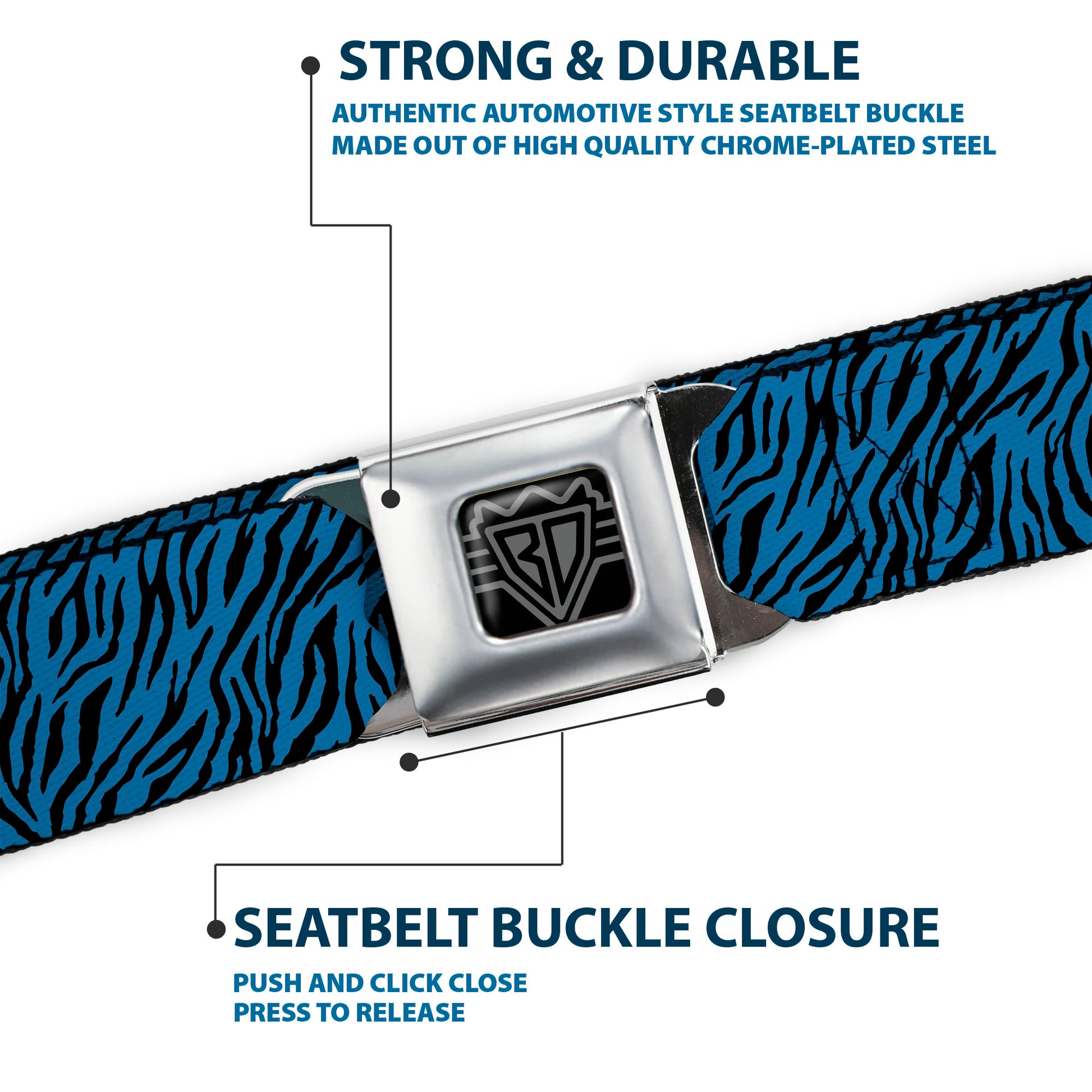 BD Wings Logo CLOSE-UP Full Color Black Silver Seatbelt Belt - Zebra 2 Turquoise Webbing Seatbelt Belts Buckle-Down