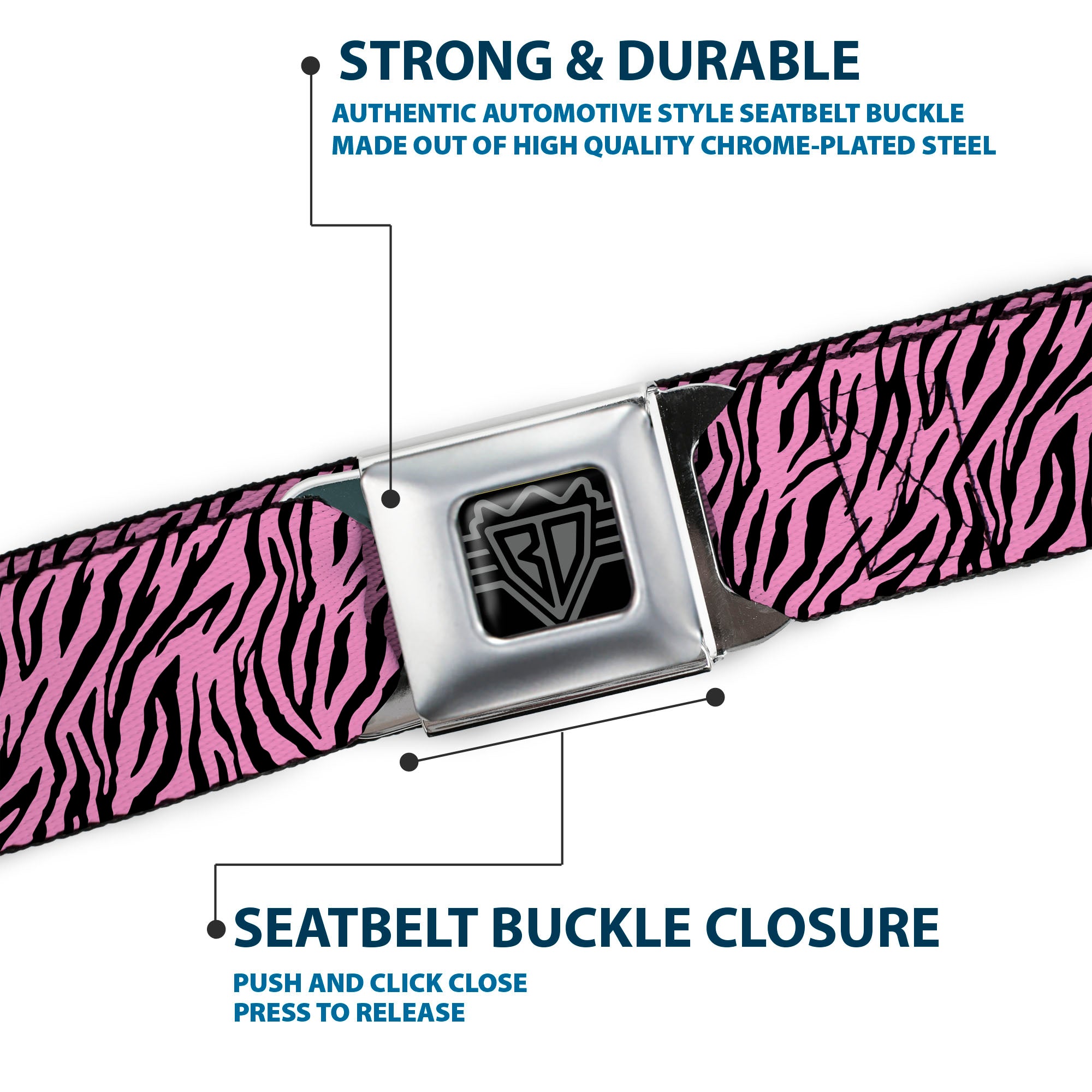 BD Wings Logo CLOSE-UP Full Color Black Silver Seatbelt Belt - Zebra 2 Baby Pink Webbing Seatbelt Belts Buckle-Down