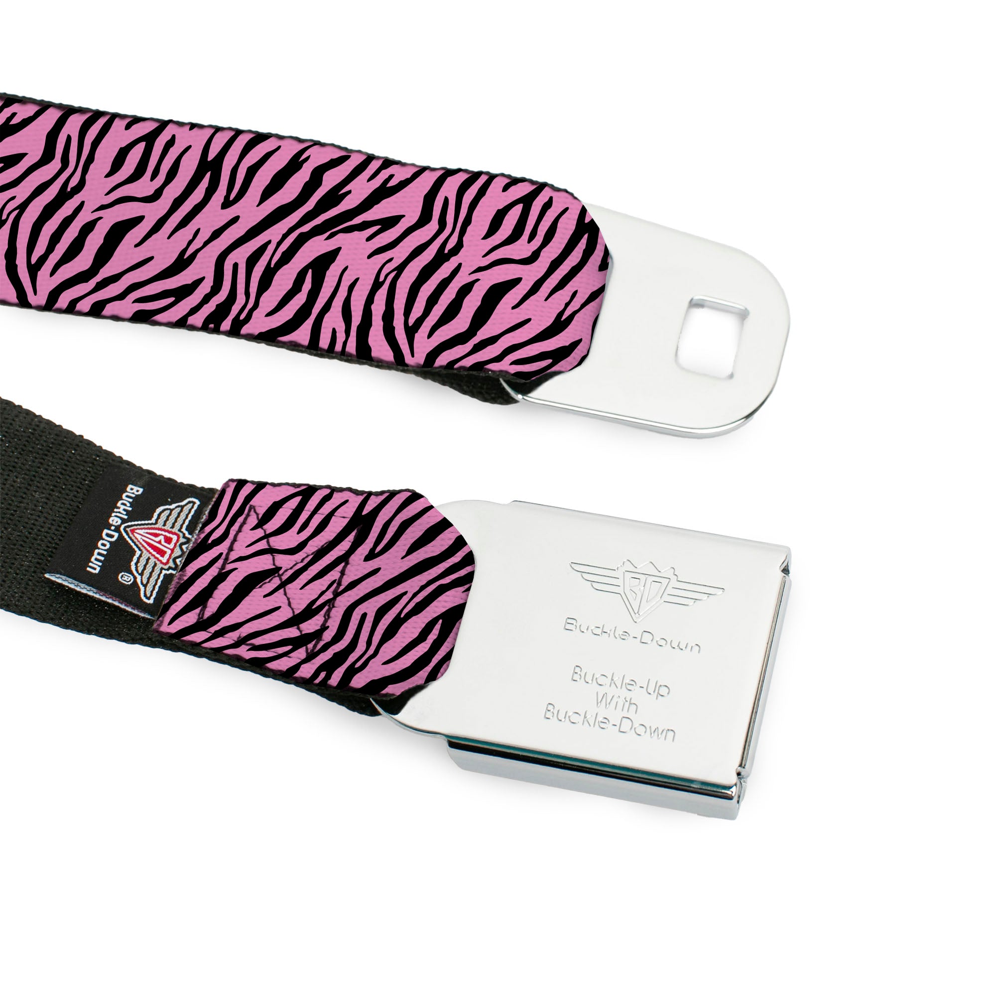 BD Wings Logo CLOSE-UP Full Color Black Silver Seatbelt Belt - Zebra 2 Baby Pink Webbing Seatbelt Belts Buckle-Down