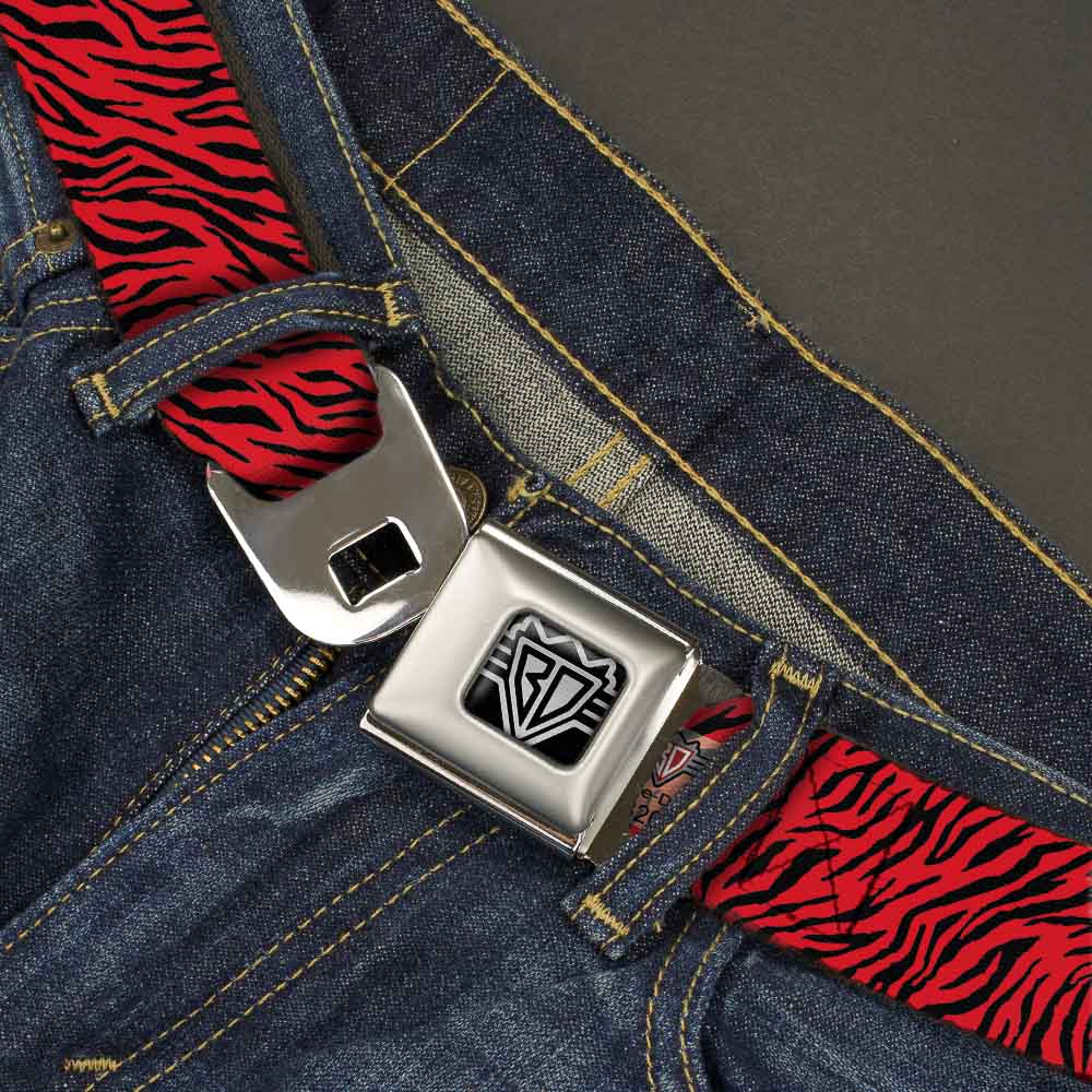 BD Wings Logo CLOSE-UP Full Color Black Silver Seatbelt Belt - Zebra 2 Red Webbing Seatbelt Belts Buckle-Down