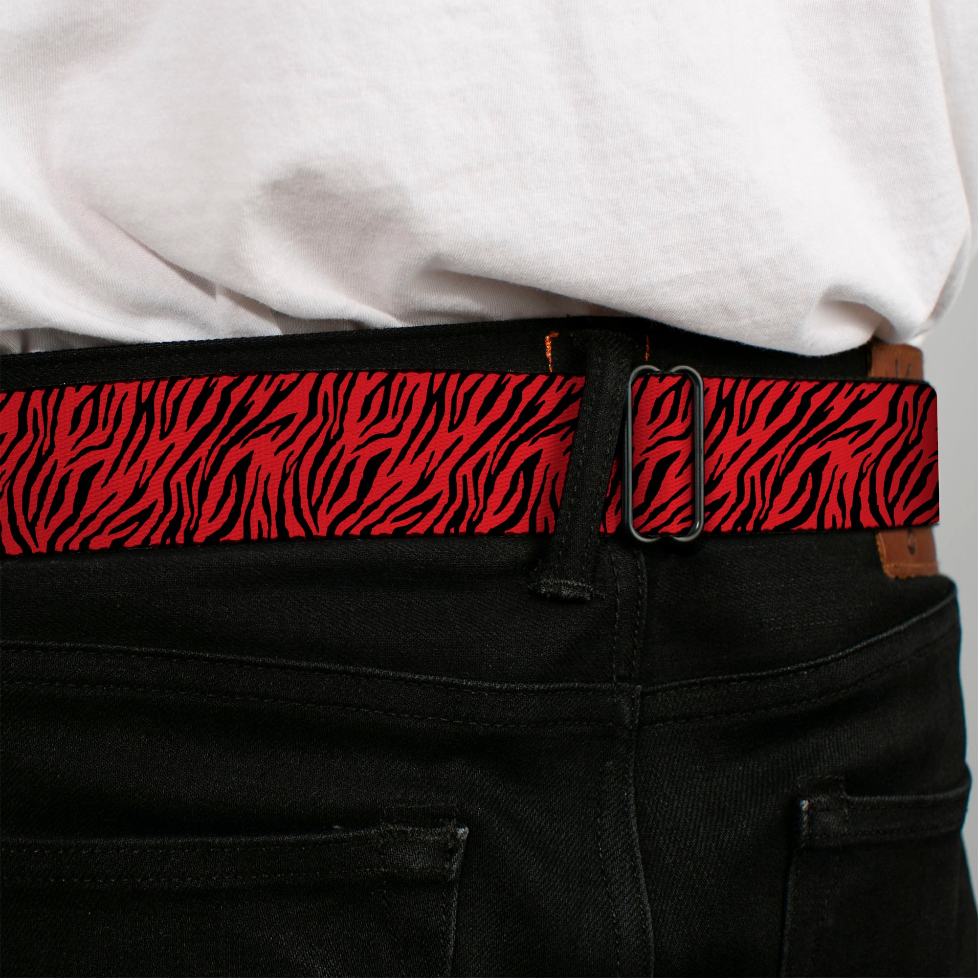 BD Wings Logo CLOSE-UP Full Color Black Silver Seatbelt Belt - Zebra 2 Red Webbing Seatbelt Belts Buckle-Down