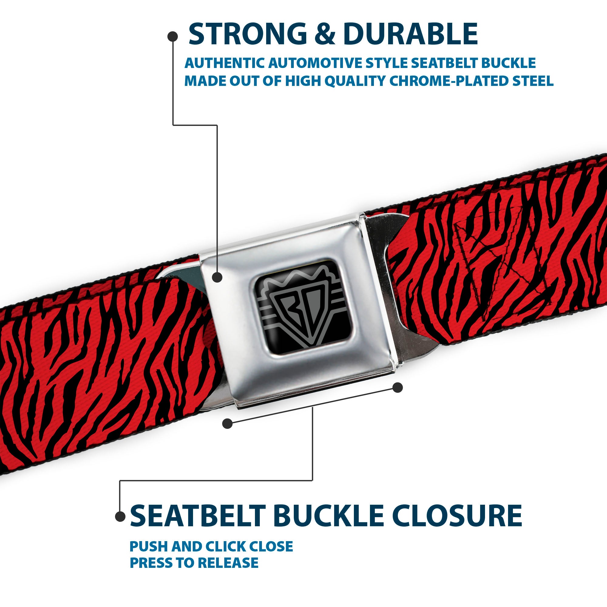 BD Wings Logo CLOSE-UP Full Color Black Silver Seatbelt Belt - Zebra 2 Red Webbing Seatbelt Belts Buckle-Down