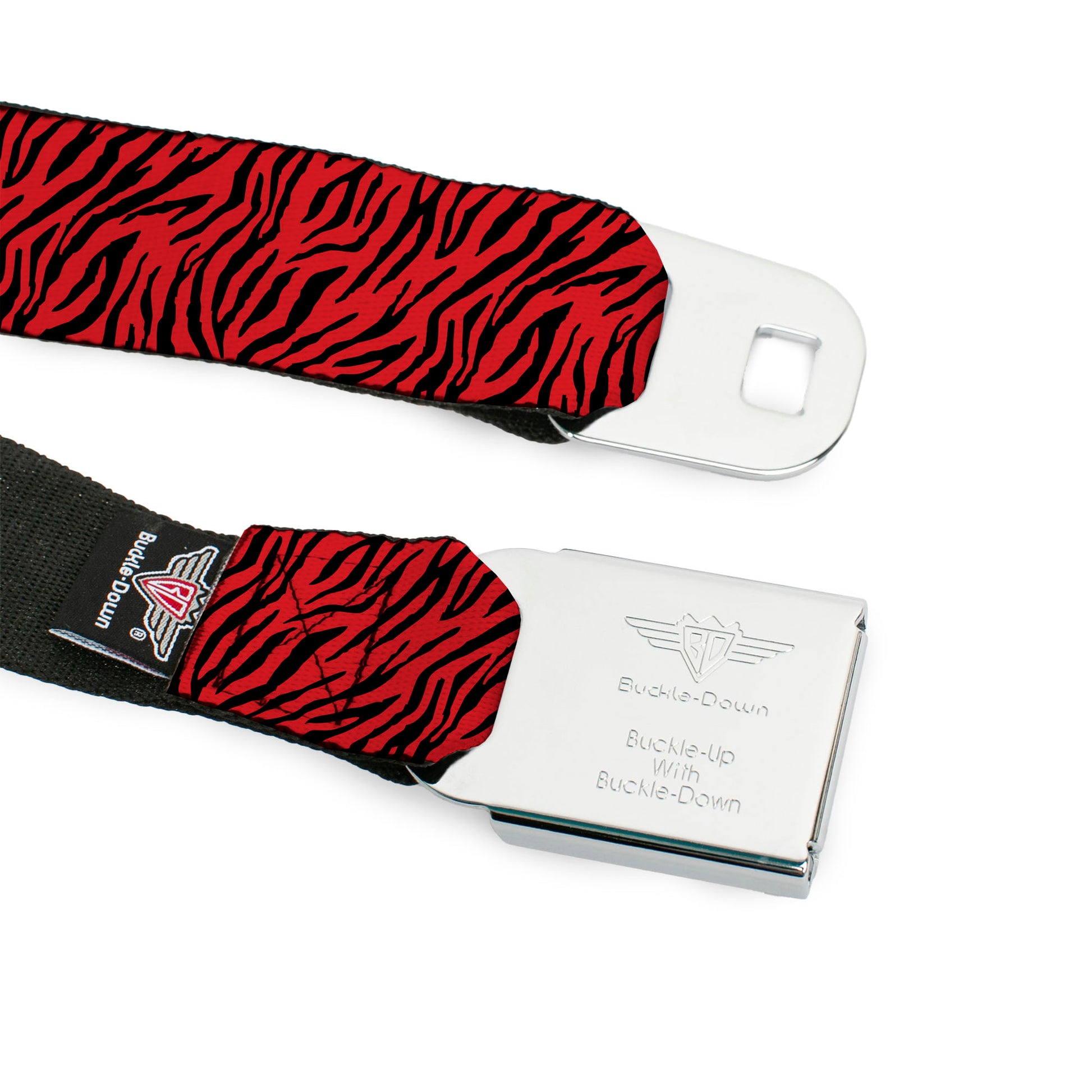 BD Wings Logo CLOSE-UP Full Color Black Silver Seatbelt Belt - Zebra 2 Red Webbing Seatbelt Belts Buckle-Down