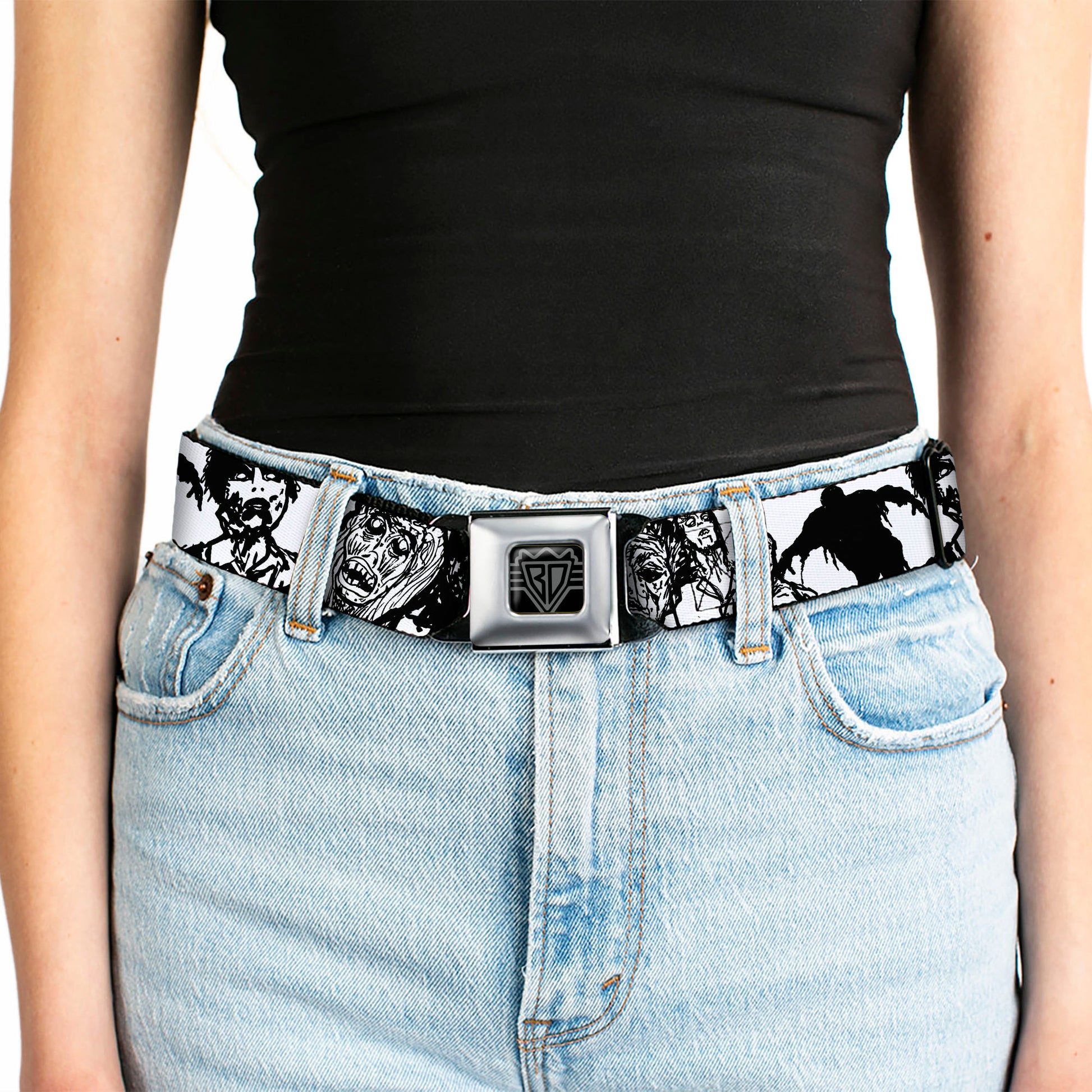 BD Wings Logo CLOSE-UP Full Color Black Silver Seatbelt Belt - Zombies White/Black Webbing Seatbelt Belts Buckle-Down
