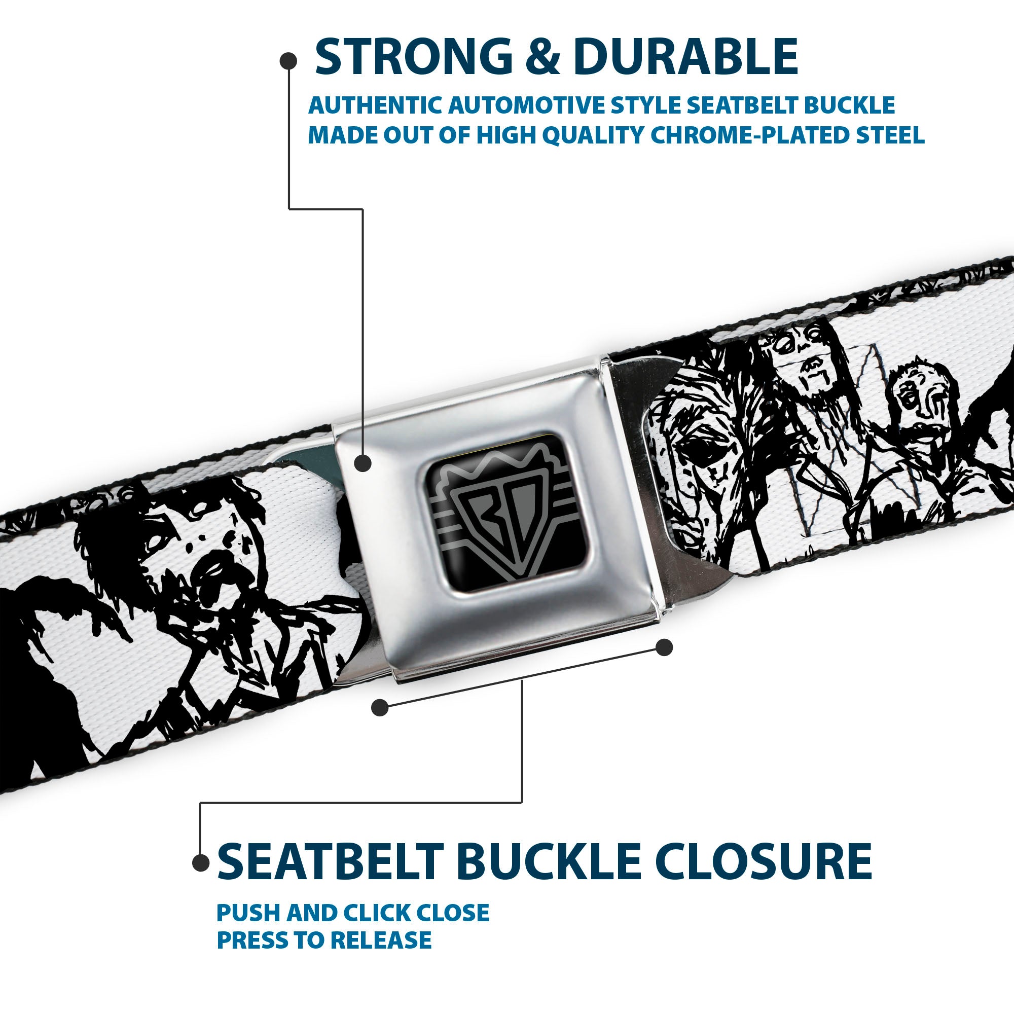 BD Wings Logo CLOSE-UP Full Color Black Silver Seatbelt Belt - Zombies White/Black Webbing Seatbelt Belts Buckle-Down