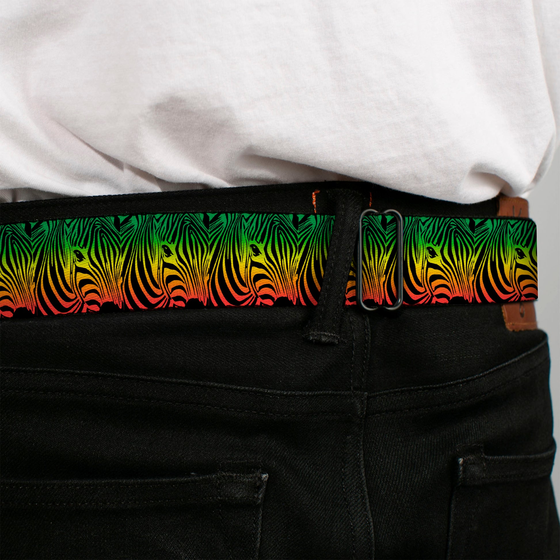 BD Wings Logo CLOSE-UP Full Color Black Silver Seatbelt Belt - Zebra Head Rasta Webbing Seatbelt Belts Buckle-Down