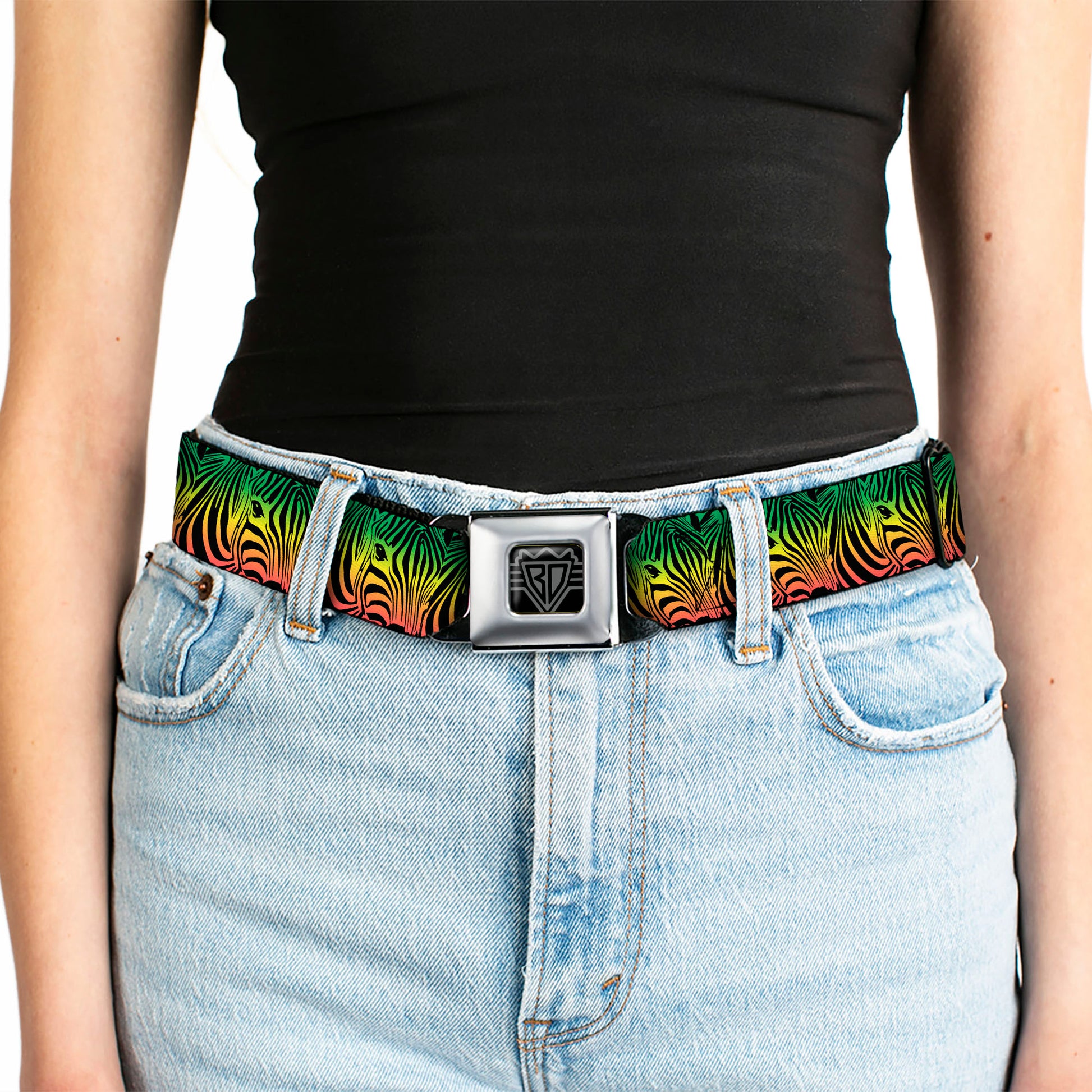 BD Wings Logo CLOSE-UP Full Color Black Silver Seatbelt Belt - Zebra Head Rasta Webbing Seatbelt Belts Buckle-Down