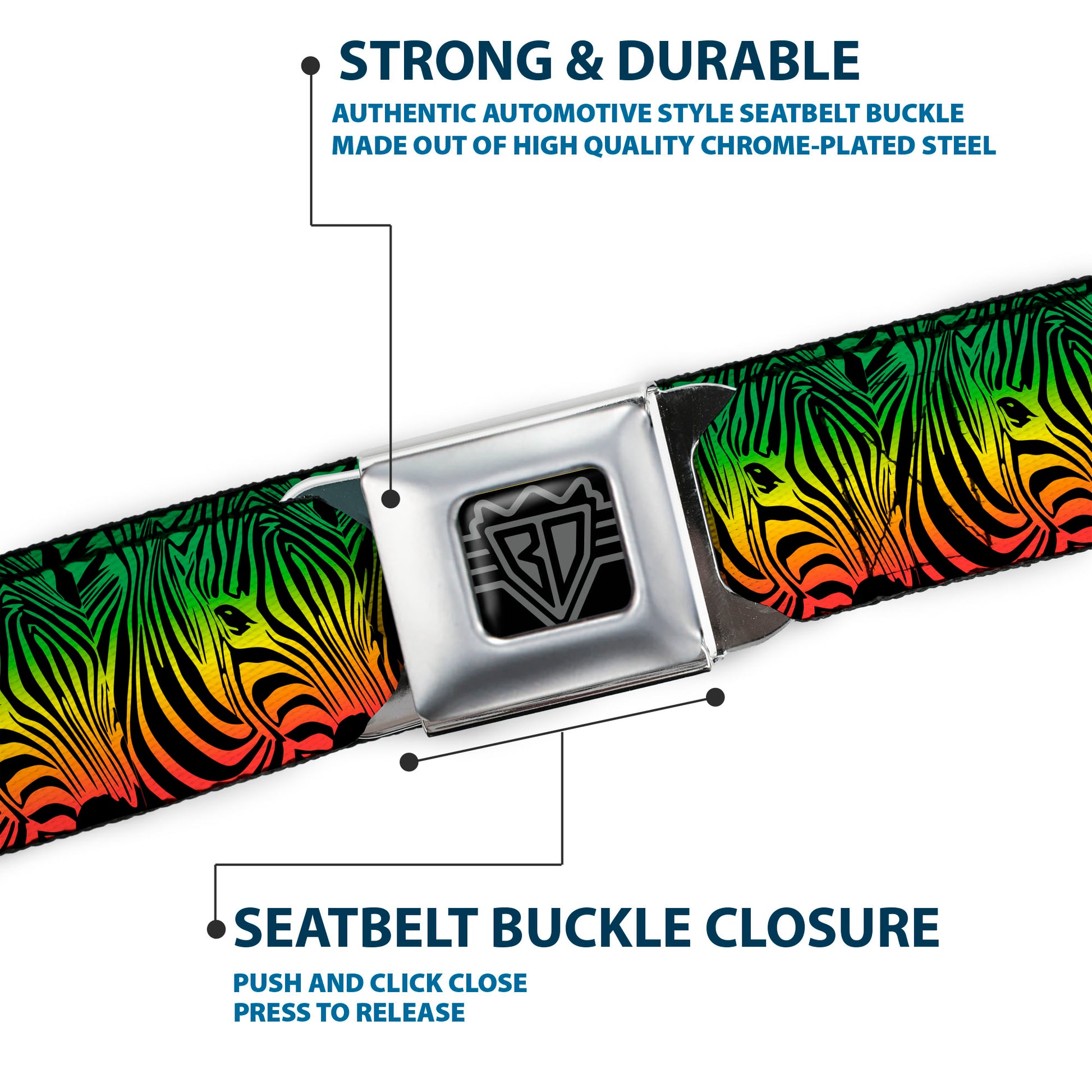 BD Wings Logo CLOSE-UP Full Color Black Silver Seatbelt Belt - Zebra Head Rasta Webbing Seatbelt Belts Buckle-Down