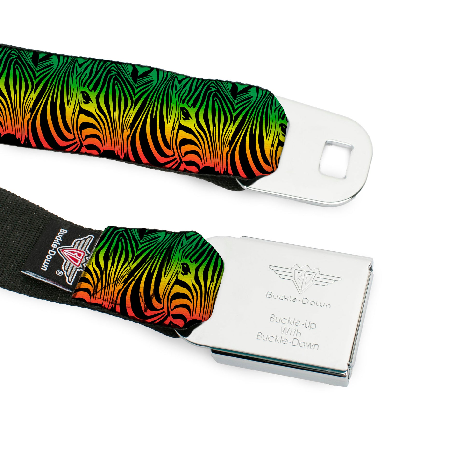 BD Wings Logo CLOSE-UP Full Color Black Silver Seatbelt Belt - Zebra Head Rasta Webbing Seatbelt Belts Buckle-Down