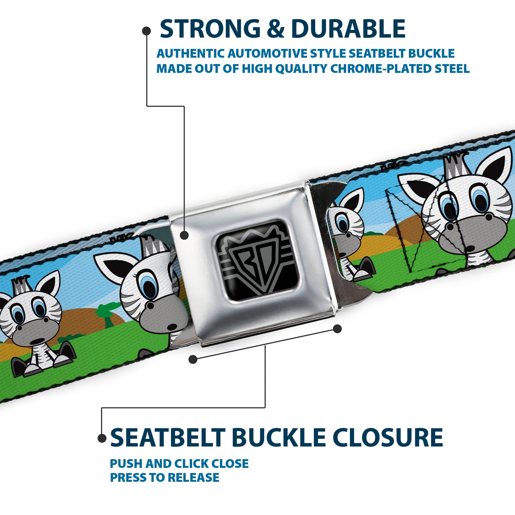 BD Wings Logo CLOSE-UP Full Color Black Silver Seatbelt Belt - Zebra Cartoon Webbing Seatbelt Belts Buckle-Down