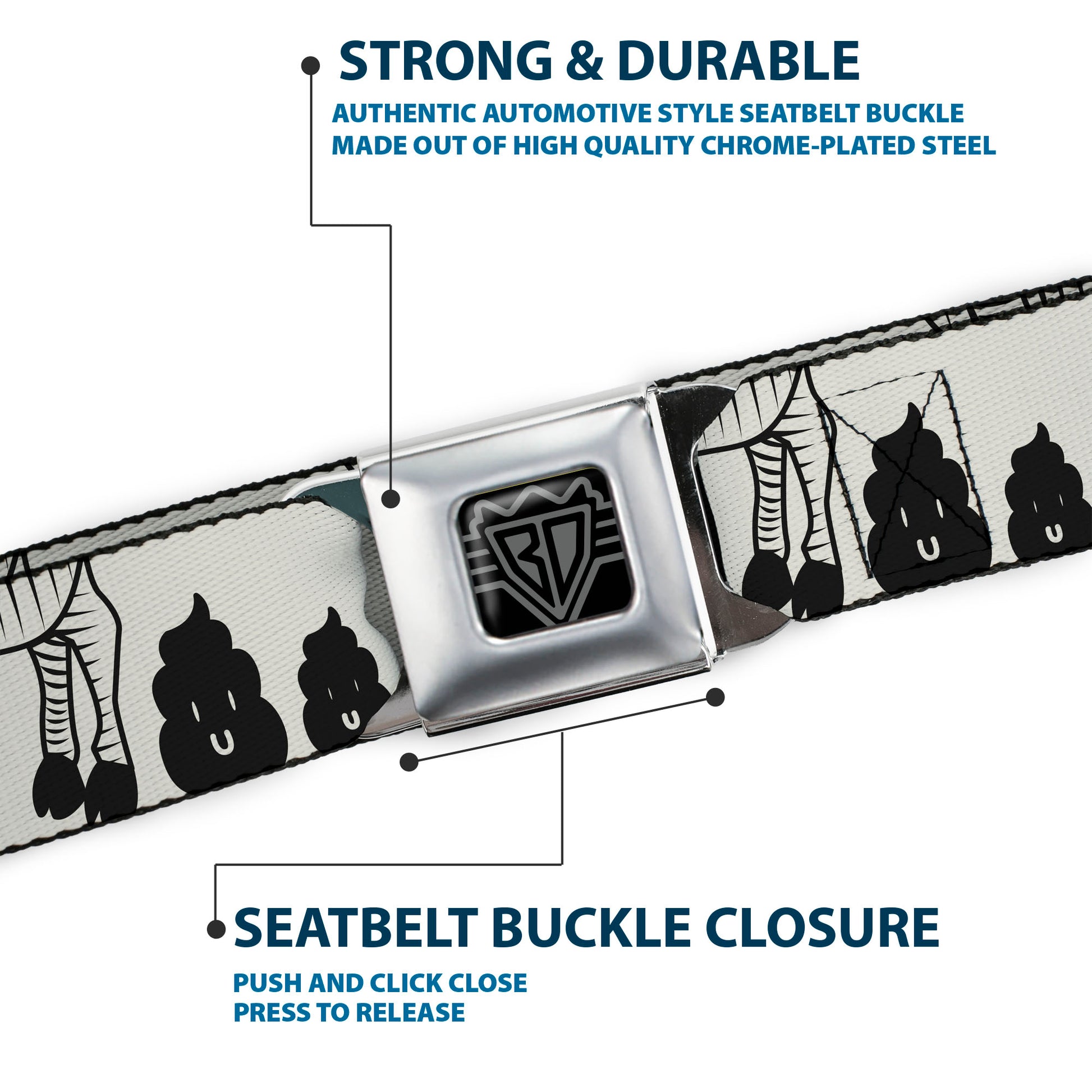 BD Wings Logo CLOSE-UP Full Color Black Silver Seatbelt Belt - Zebra Poops Off-White/Black Webbing Seatbelt Belts Buckle-Down
