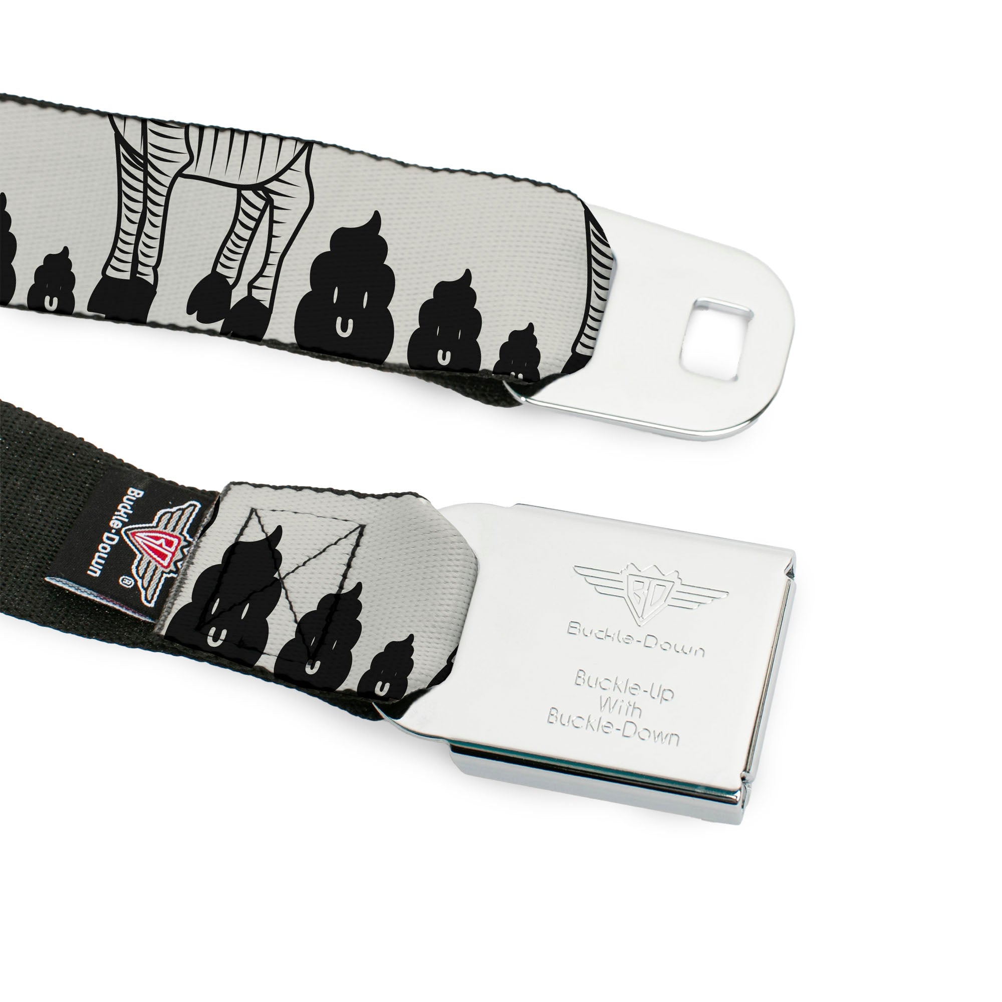 BD Wings Logo CLOSE-UP Full Color Black Silver Seatbelt Belt - Zebra Poops Off-White/Black Webbing Seatbelt Belts Buckle-Down