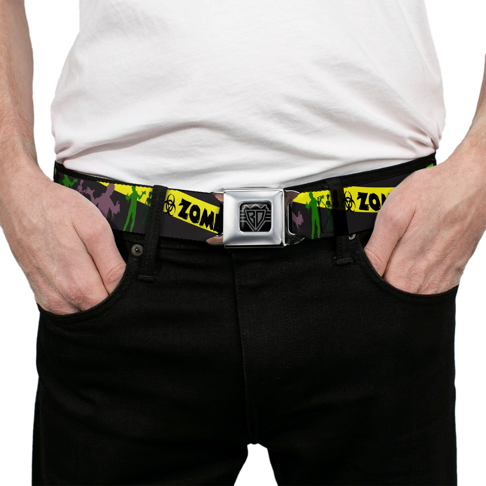 BD Wings Logo CLOSE-UP Full Color Black Silver Seatbelt Belt - Zombies Biohazard Black/Yellow/Green Webbing Seatbelt Belts Buckle-Down