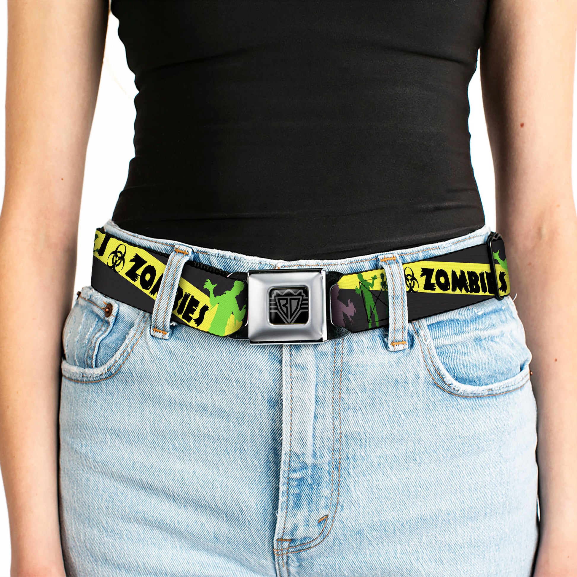 BD Wings Logo CLOSE-UP Full Color Black Silver Seatbelt Belt - Zombies Biohazard Black/Yellow/Green Webbing Seatbelt Belts Buckle-Down