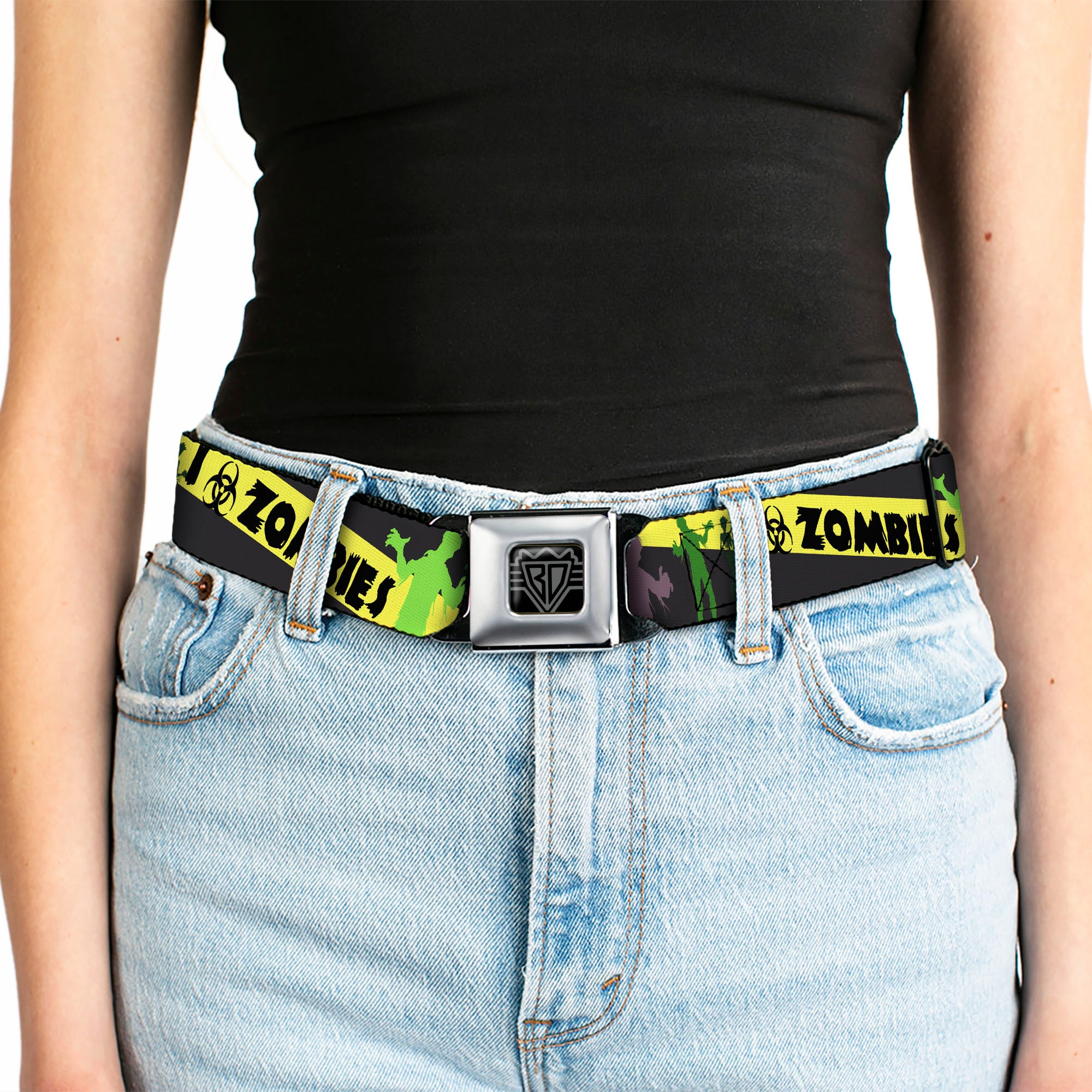 BD Wings Logo CLOSE-UP Full Color Black Silver Seatbelt Belt - Zombies Biohazard Black/Yellow/Green Webbing Seatbelt Belts Buckle-Down