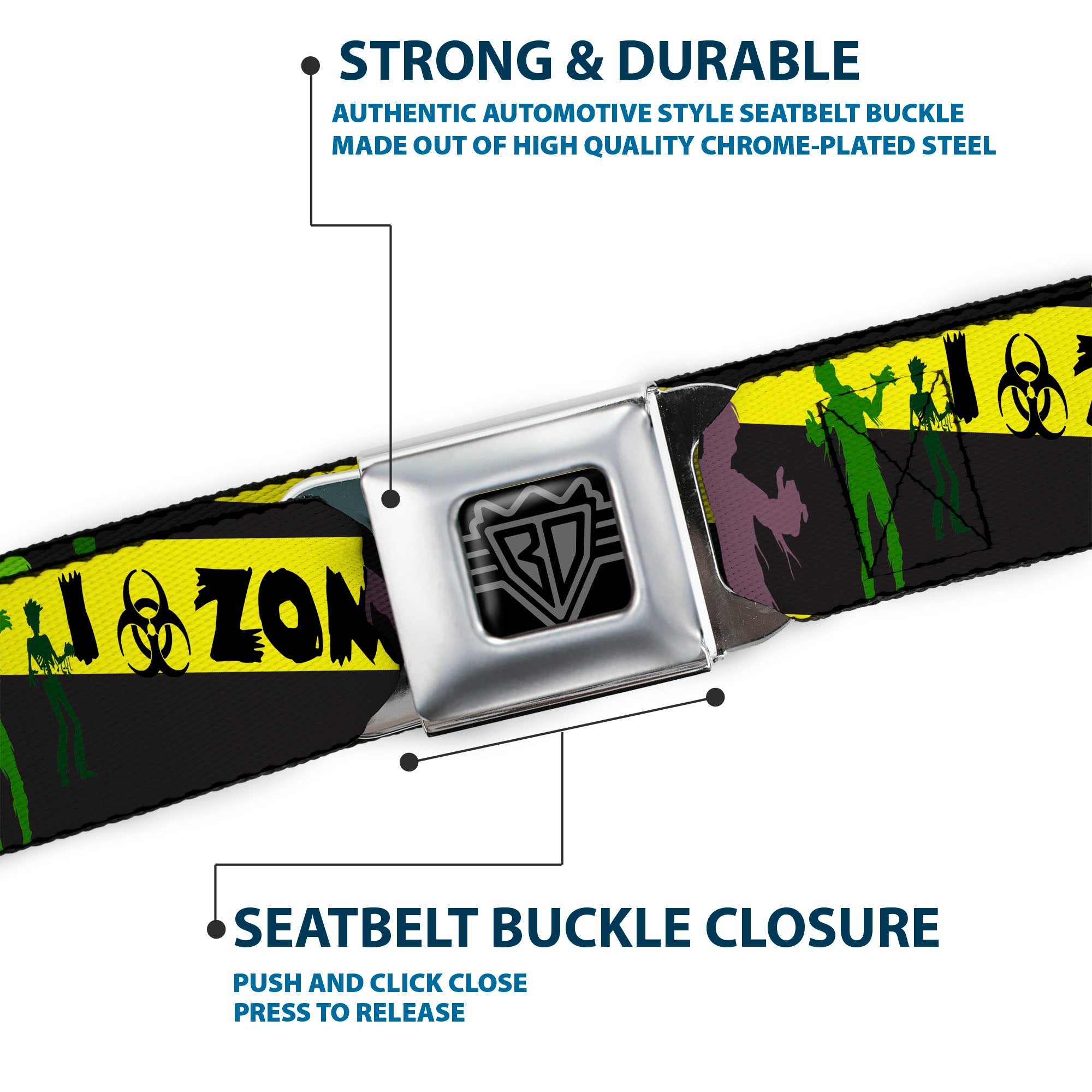 BD Wings Logo CLOSE-UP Full Color Black Silver Seatbelt Belt - Zombies Biohazard Black/Yellow/Green Webbing Seatbelt Belts Buckle-Down