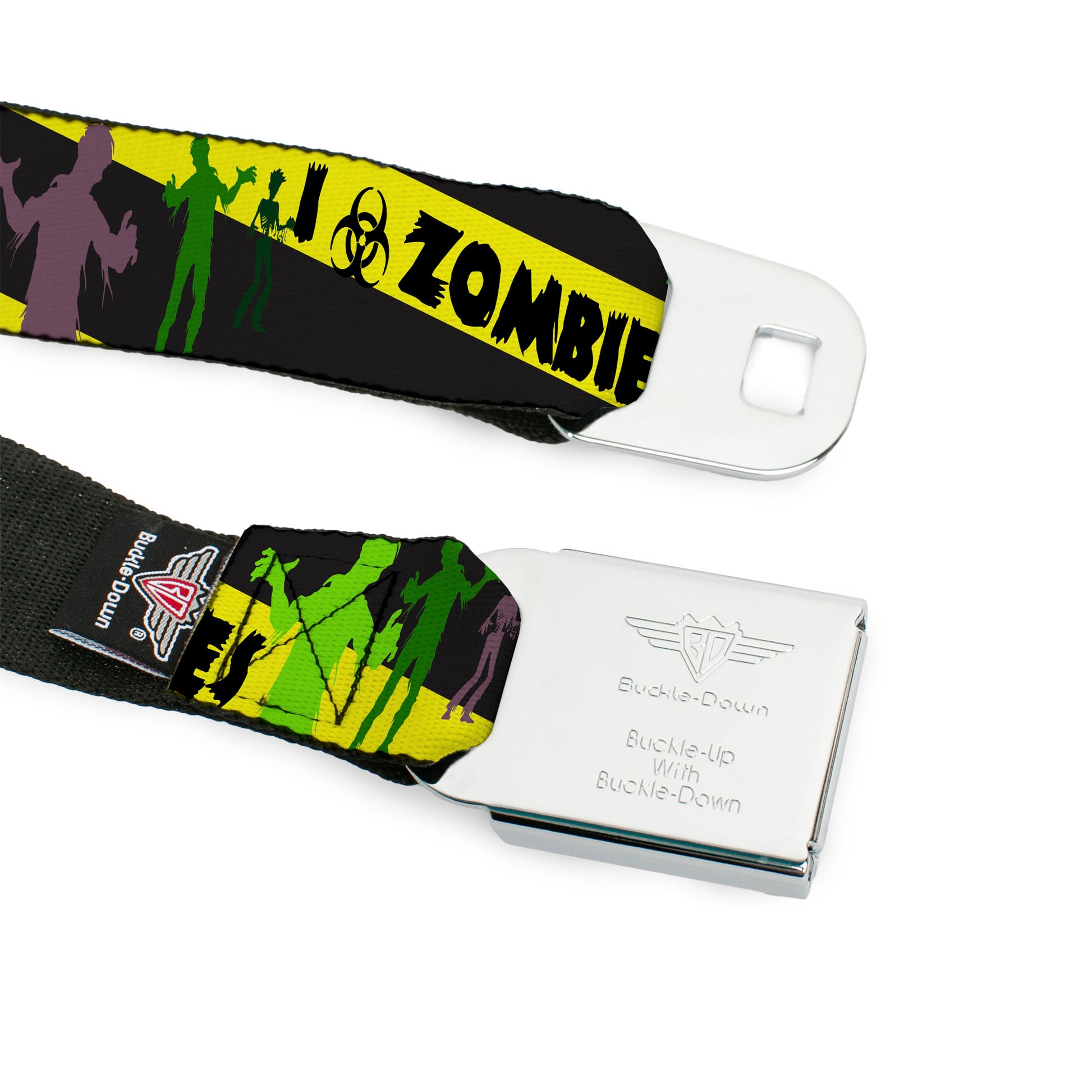 BD Wings Logo CLOSE-UP Full Color Black Silver Seatbelt Belt - Zombies Biohazard Black/Yellow/Green Webbing Seatbelt Belts Buckle-Down