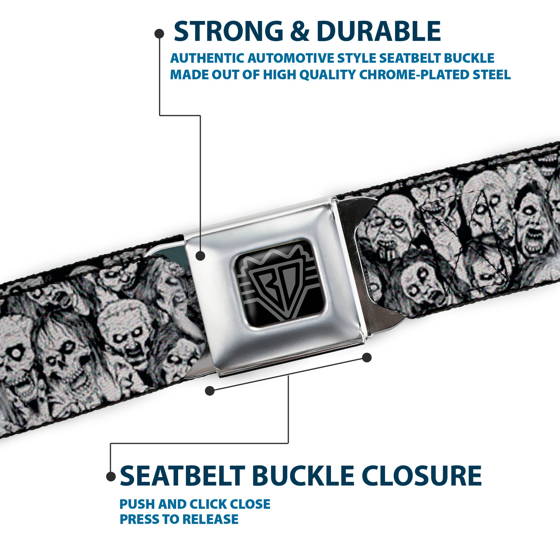 BD Wings Logo CLOSE-UP Full Color Black Silver Seatbelt Belt - Zombie Skulls Sketch Webbing Seatbelt Belts Buckle-Down