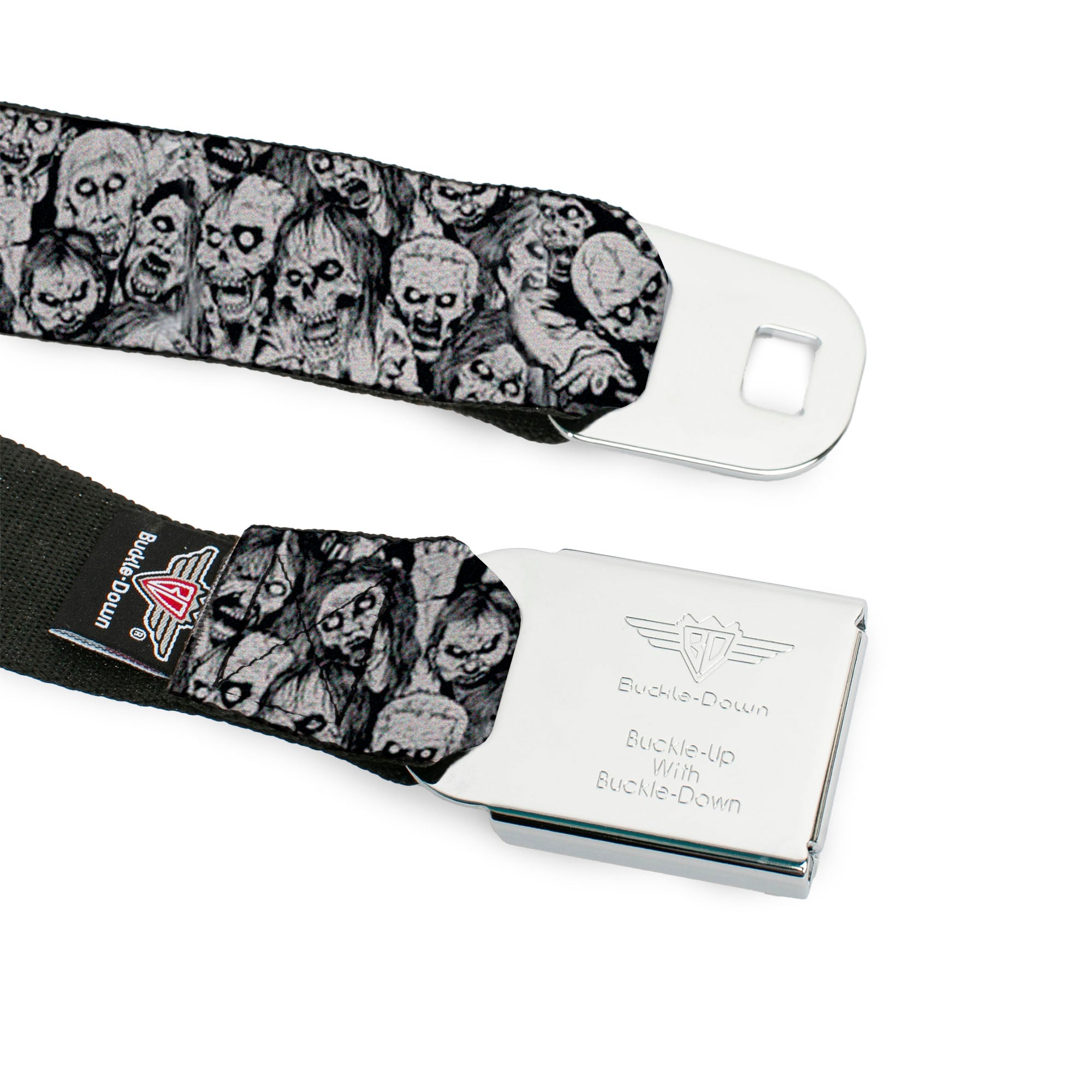 BD Wings Logo CLOSE-UP Full Color Black Silver Seatbelt Belt - Zombie Skulls Sketch Webbing Seatbelt Belts Buckle-Down