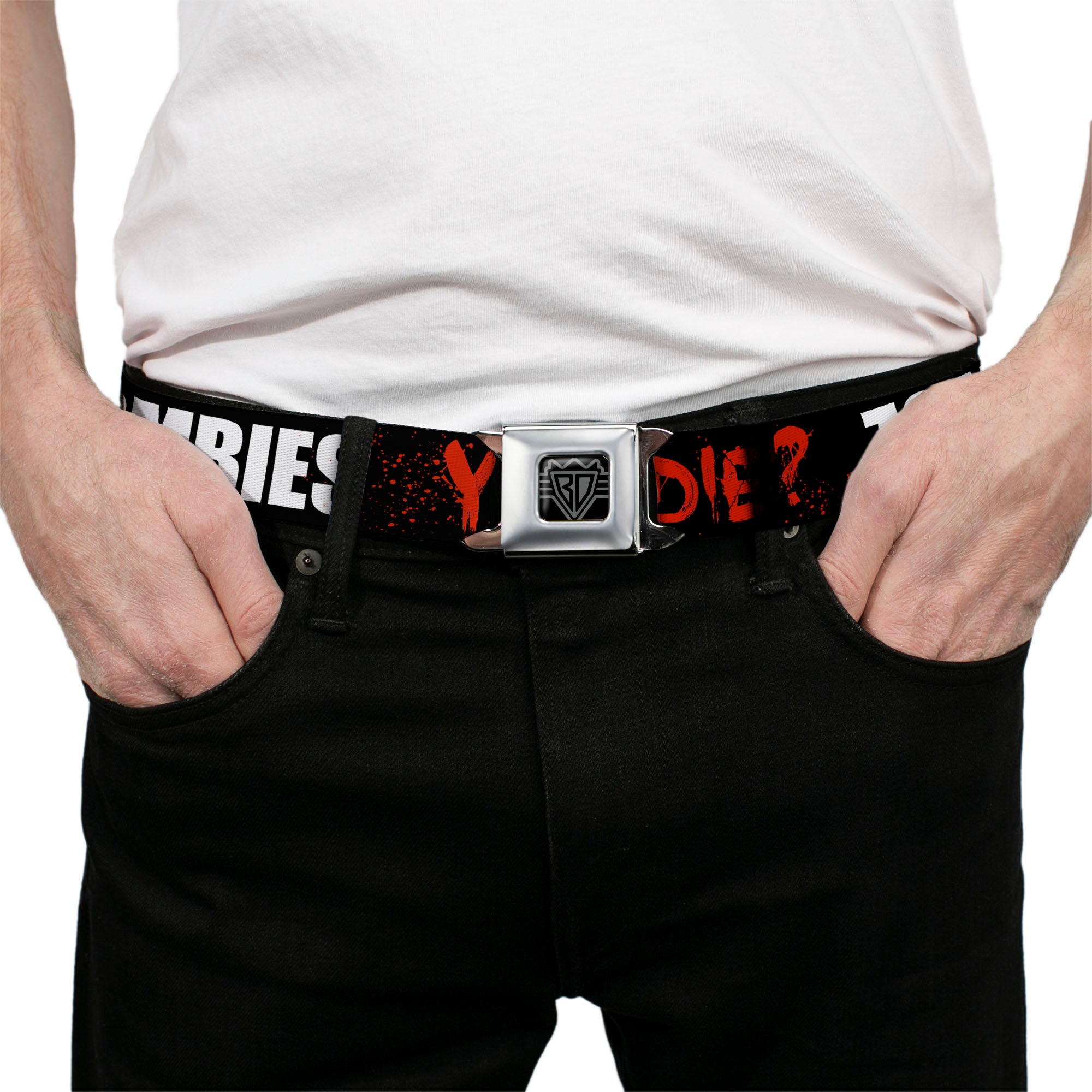 BD Wings Logo CLOSE-UP Full Color Black Silver Seatbelt Belt - Zombies Y U NO DIE Black/White/Red Webbing Seatbelt Belts Buckle-Down