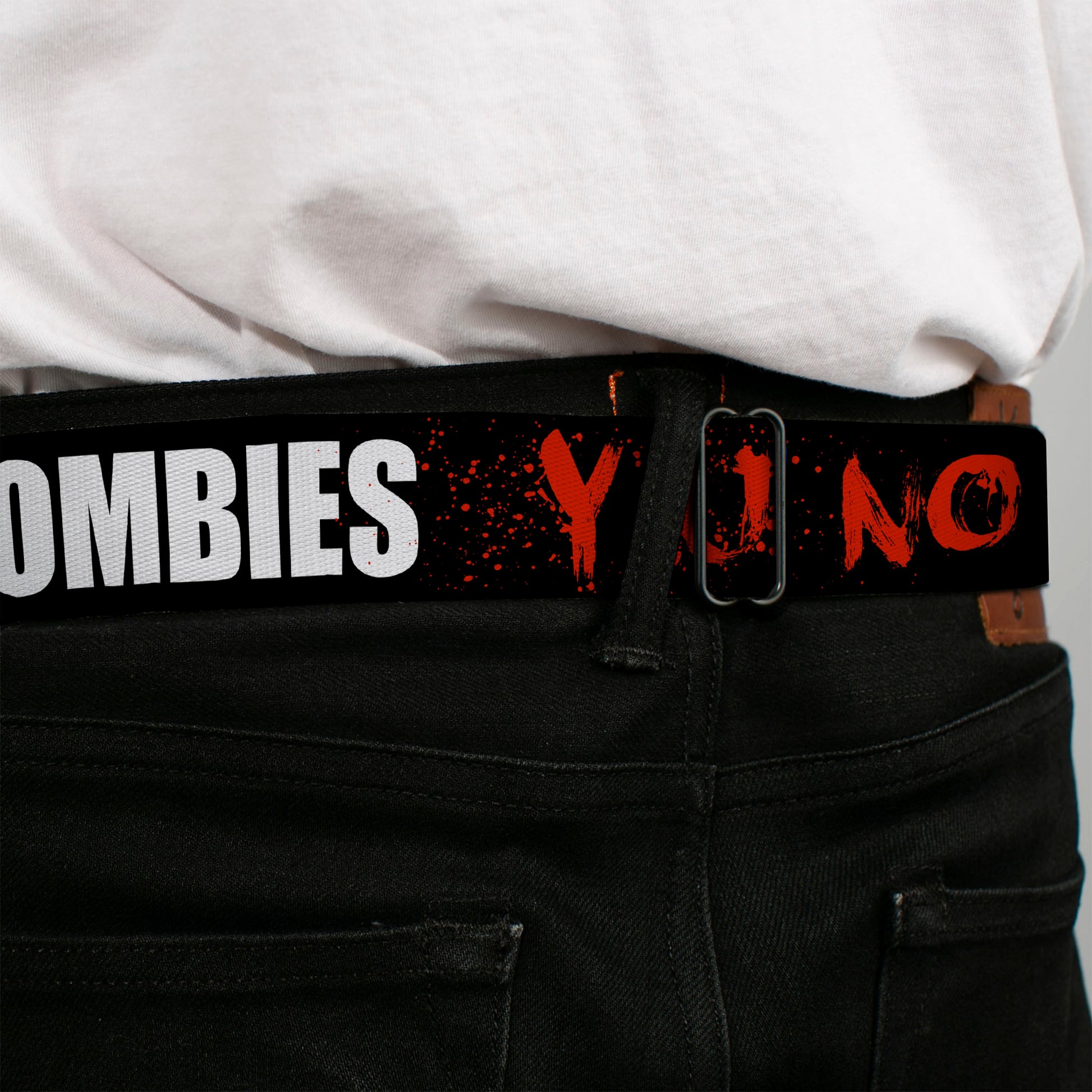 BD Wings Logo CLOSE-UP Full Color Black Silver Seatbelt Belt - Zombies Y U NO DIE Black/White/Red Webbing Seatbelt Belts Buckle-Down