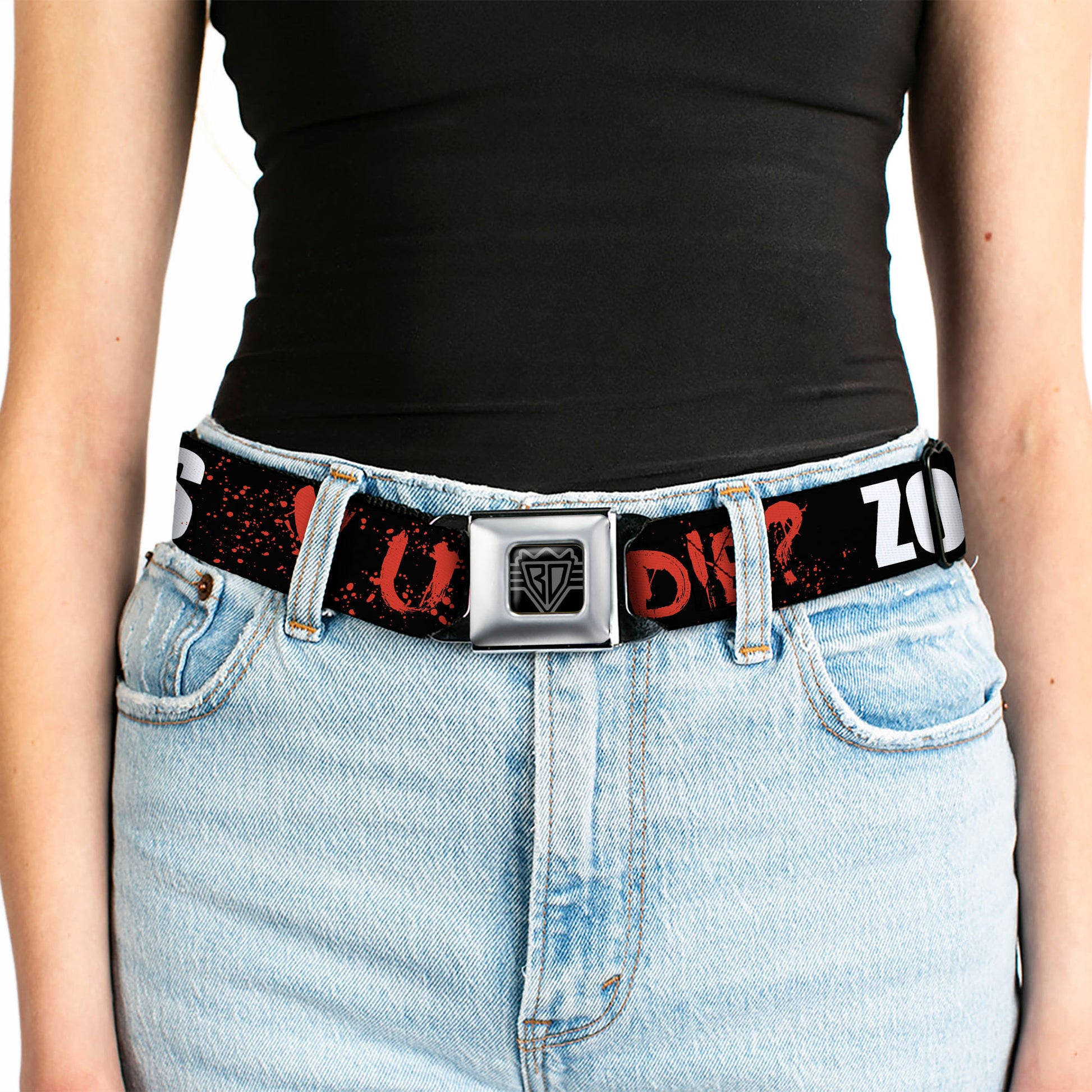 BD Wings Logo CLOSE-UP Full Color Black Silver Seatbelt Belt - Zombies Y U NO DIE Black/White/Red Webbing Seatbelt Belts Buckle-Down