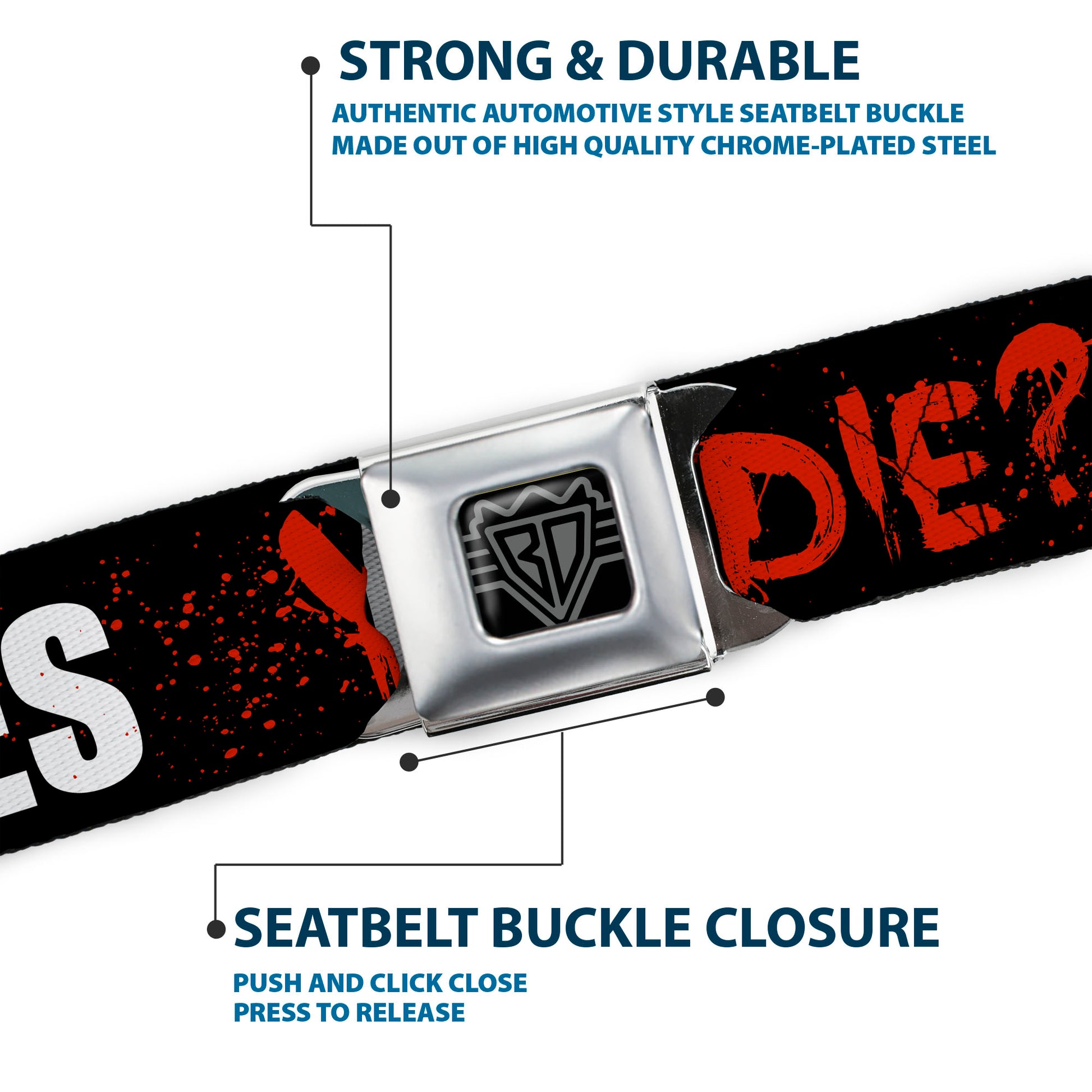 BD Wings Logo CLOSE-UP Full Color Black Silver Seatbelt Belt - Zombies Y U NO DIE Black/White/Red Webbing Seatbelt Belts Buckle-Down