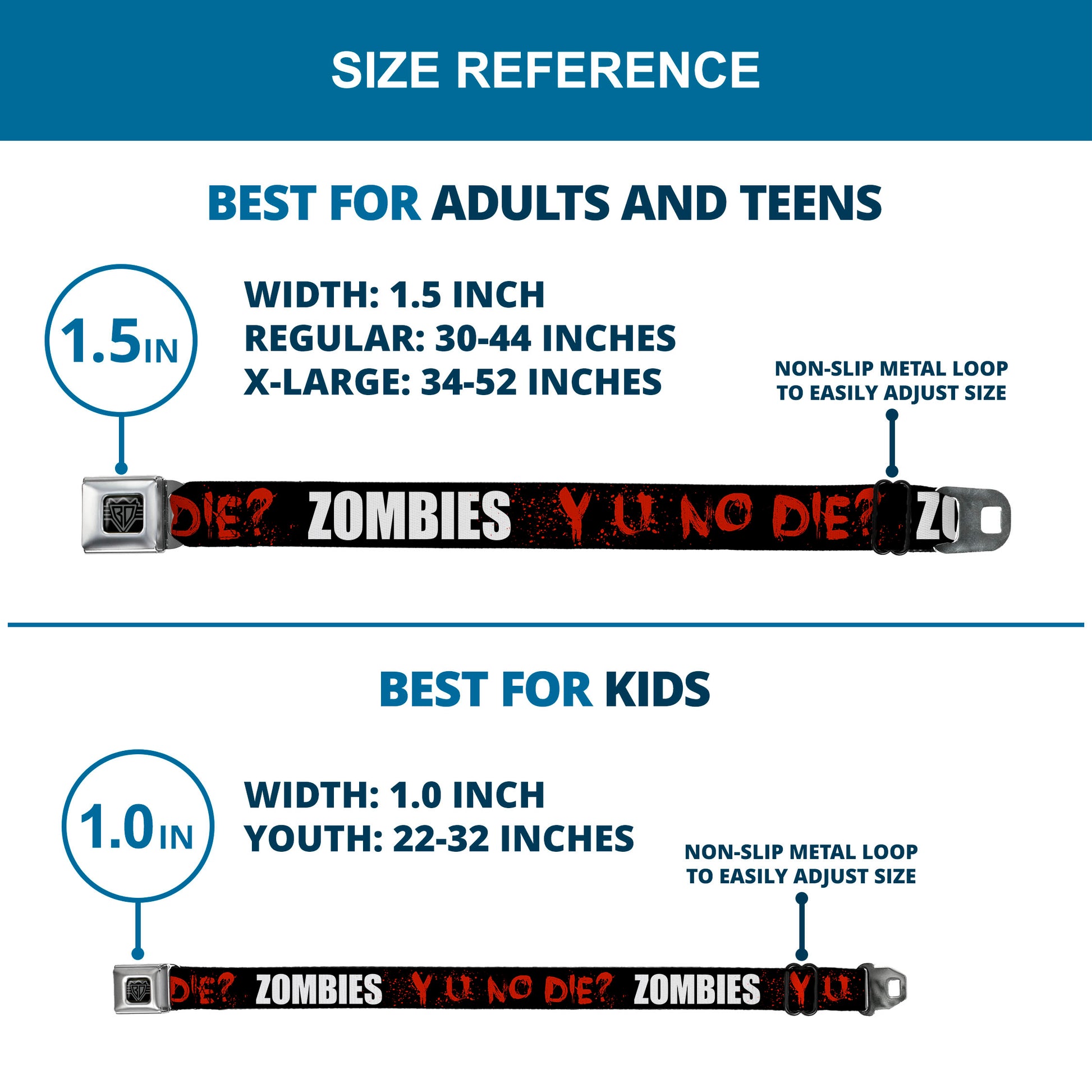 BD Wings Logo CLOSE-UP Full Color Black Silver Seatbelt Belt - Zombies Y U NO DIE Black/White/Red Webbing Seatbelt Belts Buckle-Down