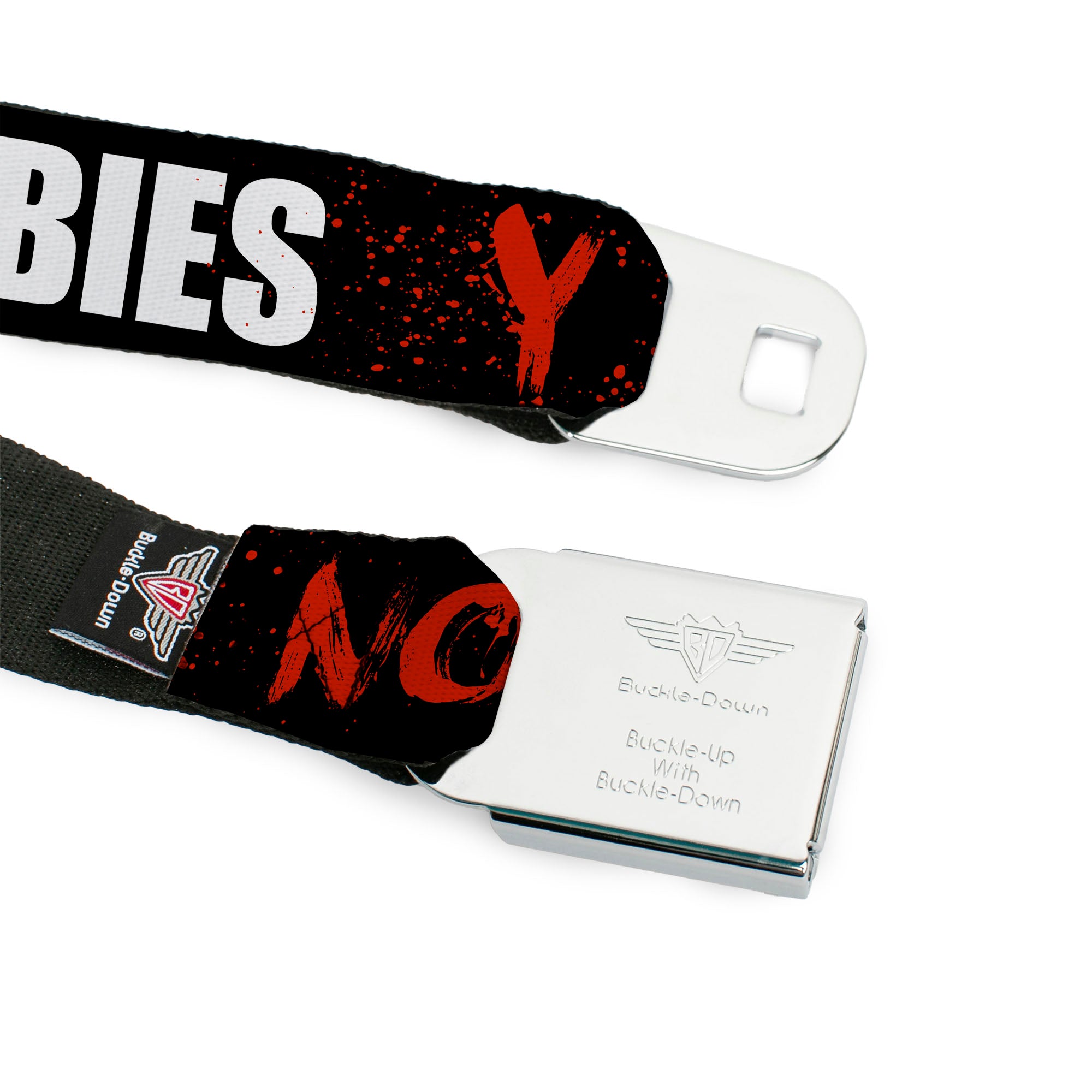 BD Wings Logo CLOSE-UP Full Color Black Silver Seatbelt Belt - Zombies Y U NO DIE Black/White/Red Webbing Seatbelt Belts Buckle-Down