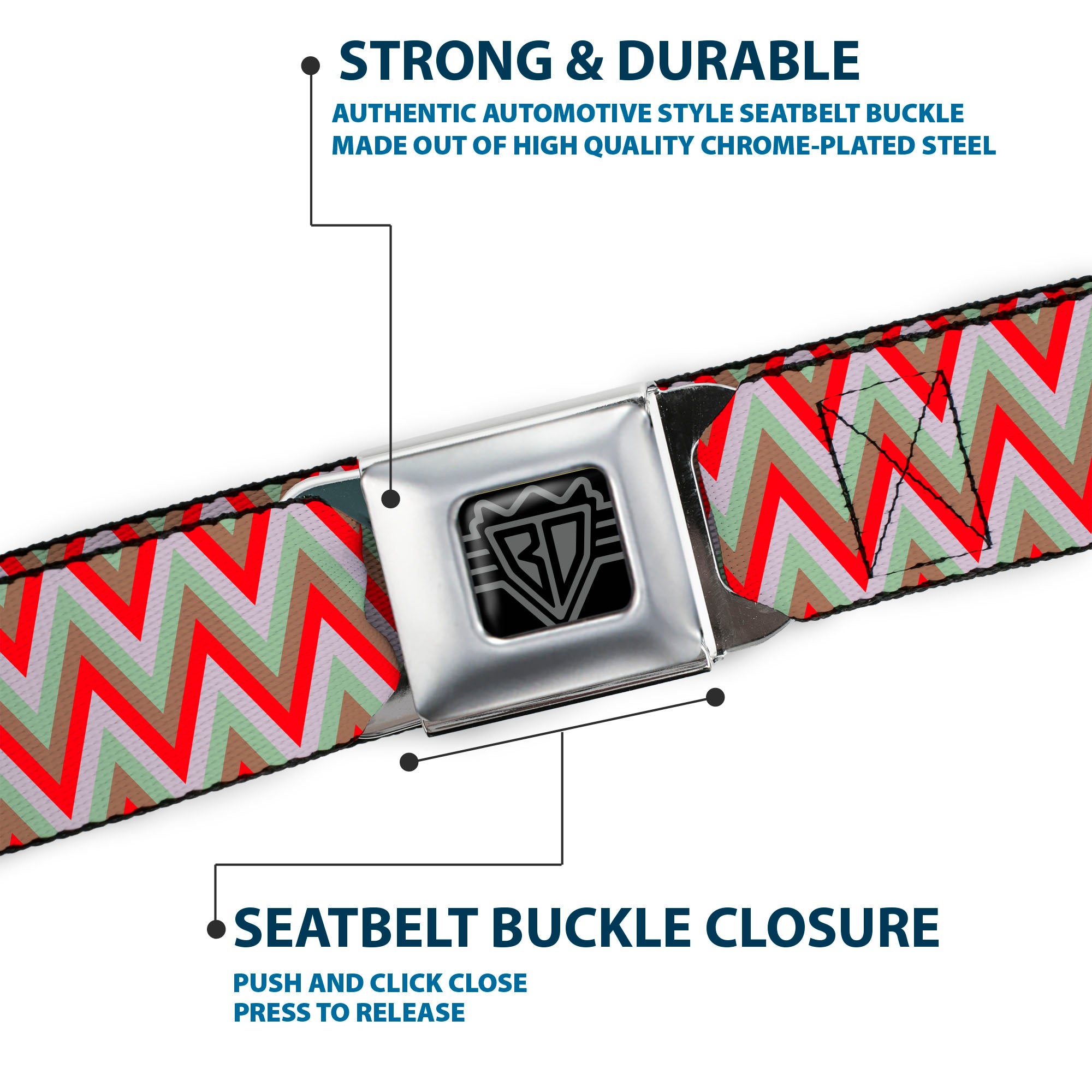 BD Wings Logo CLOSE-UP Full Color Black Silver Seatbelt Belt - Zig Zag White/Tan/Gray/Red Webbing Seatbelt Belts Buckle-Down
