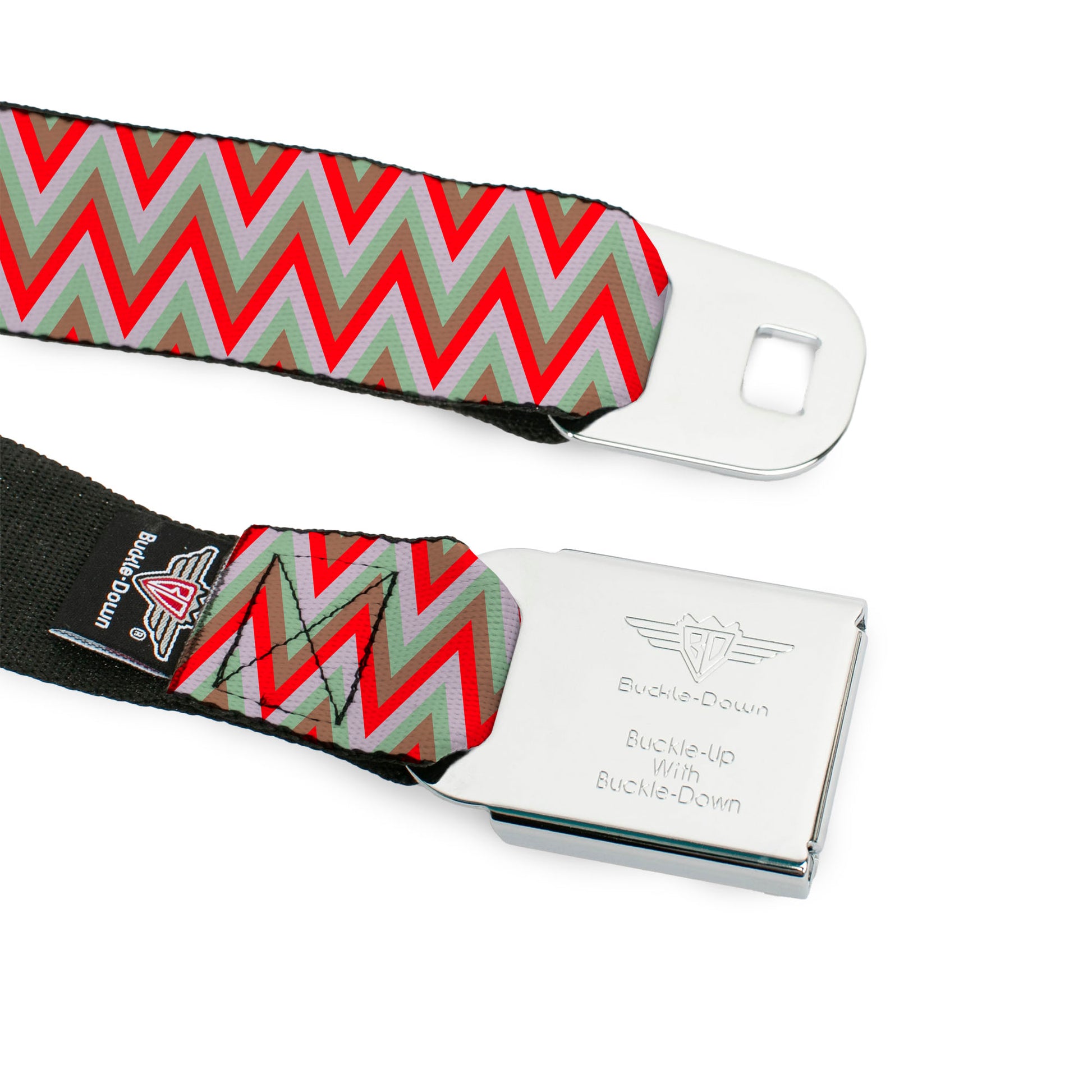 BD Wings Logo CLOSE-UP Full Color Black Silver Seatbelt Belt - Zig Zag White/Tan/Gray/Red Webbing Seatbelt Belts Buckle-Down