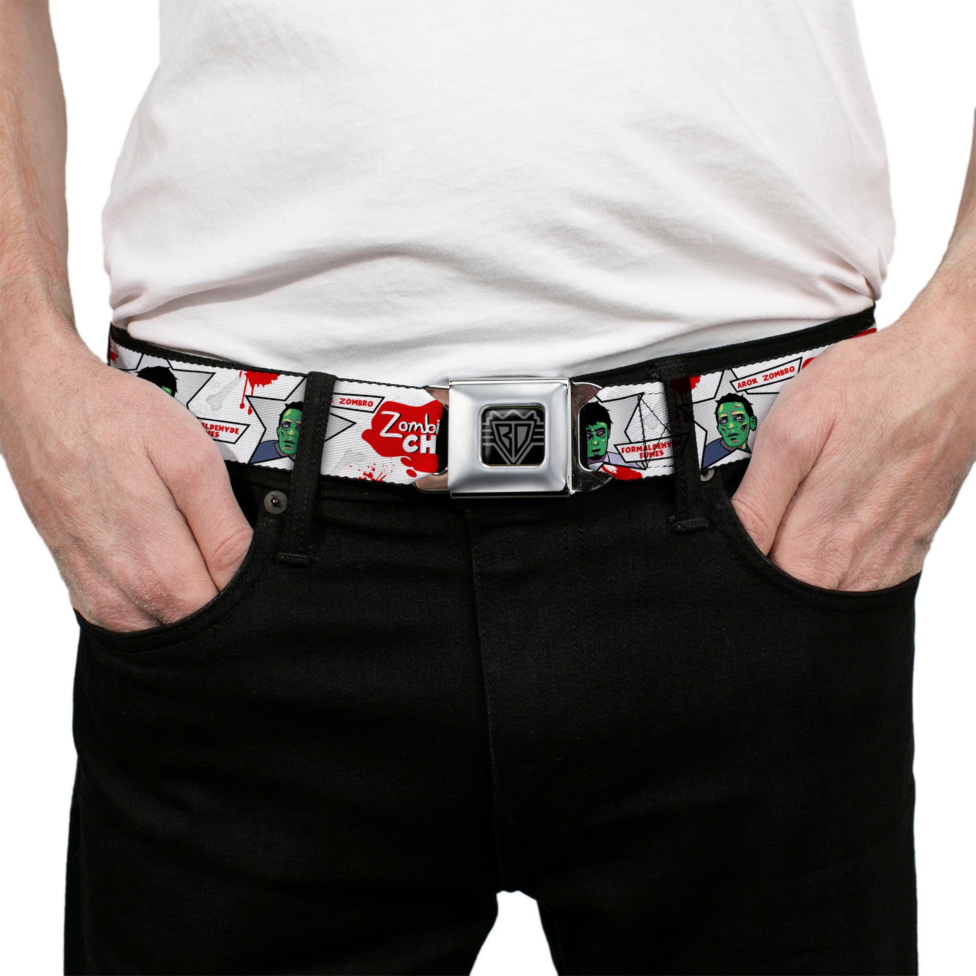 BD Wings Logo CLOSE-UP Full Color Black Silver Seatbelt Belt - Zombie CHOMP! Webbing Seatbelt Belts Buckle-Down