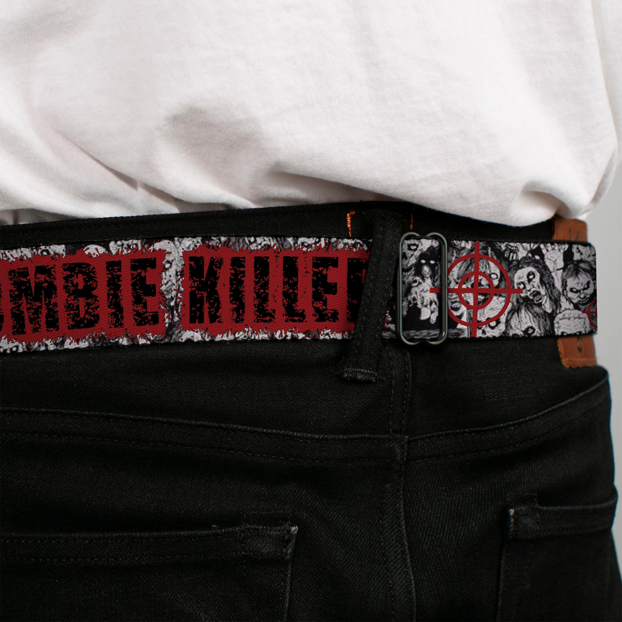 BD Wings Logo CLOSE-UP Full Color Black Silver Seatbelt Belt - ZOMBIE KILLER w/Stacked Zombies Sketch Webbing Seatbelt Belts Buckle-Down
