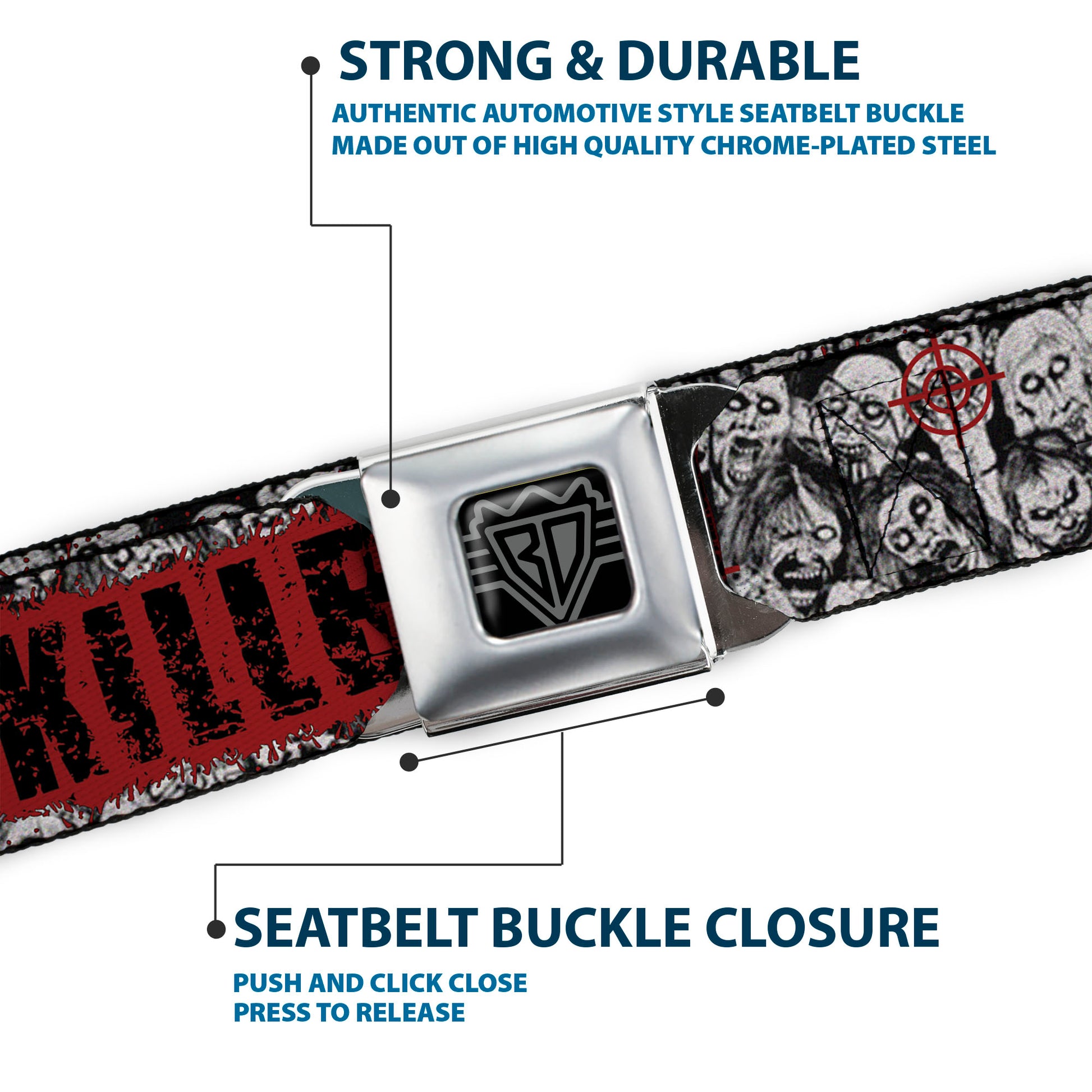 BD Wings Logo CLOSE-UP Full Color Black Silver Seatbelt Belt - ZOMBIE KILLER w/Stacked Zombies Sketch Webbing Seatbelt Belts Buckle-Down