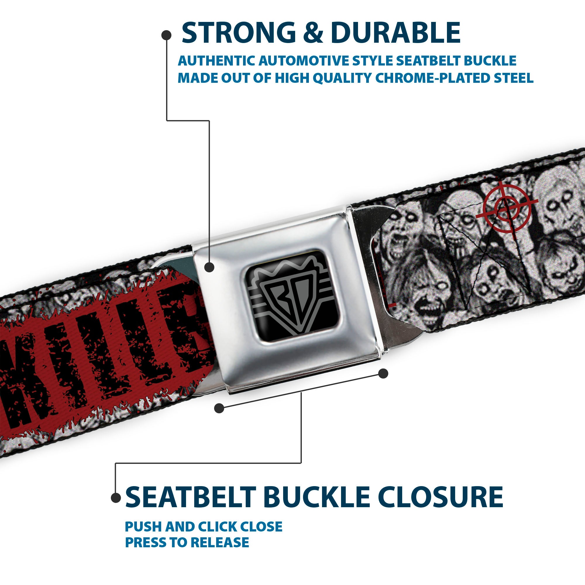 BD Wings Logo CLOSE-UP Full Color Black Silver Seatbelt Belt - ZOMBIE KILLER w/Stacked Zombies Sketch Webbing Seatbelt Belts Buckle-Down
