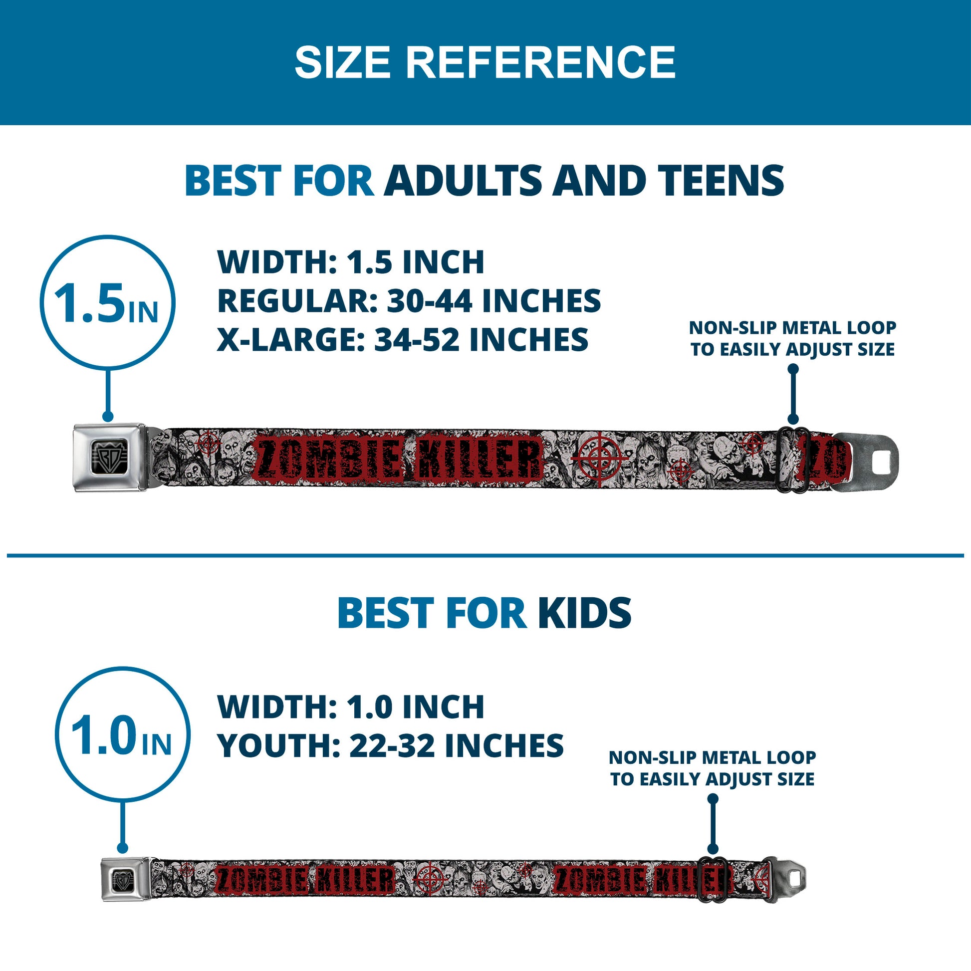 BD Wings Logo CLOSE-UP Full Color Black Silver Seatbelt Belt - ZOMBIE KILLER w/Stacked Zombies Sketch Webbing Seatbelt Belts Buckle-Down