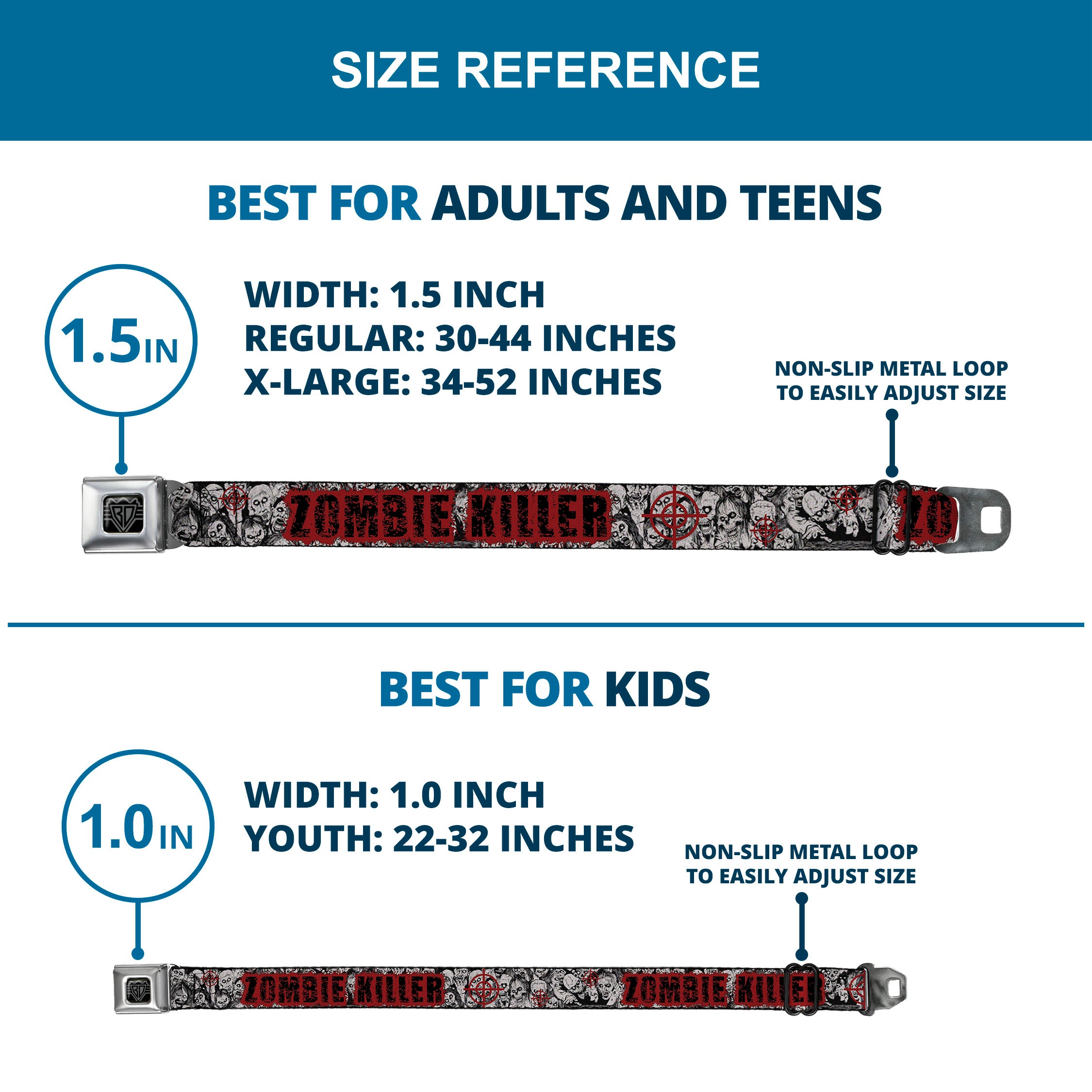 BD Wings Logo CLOSE-UP Full Color Black Silver Seatbelt Belt - ZOMBIE KILLER w/Stacked Zombies Sketch Webbing Seatbelt Belts Buckle-Down