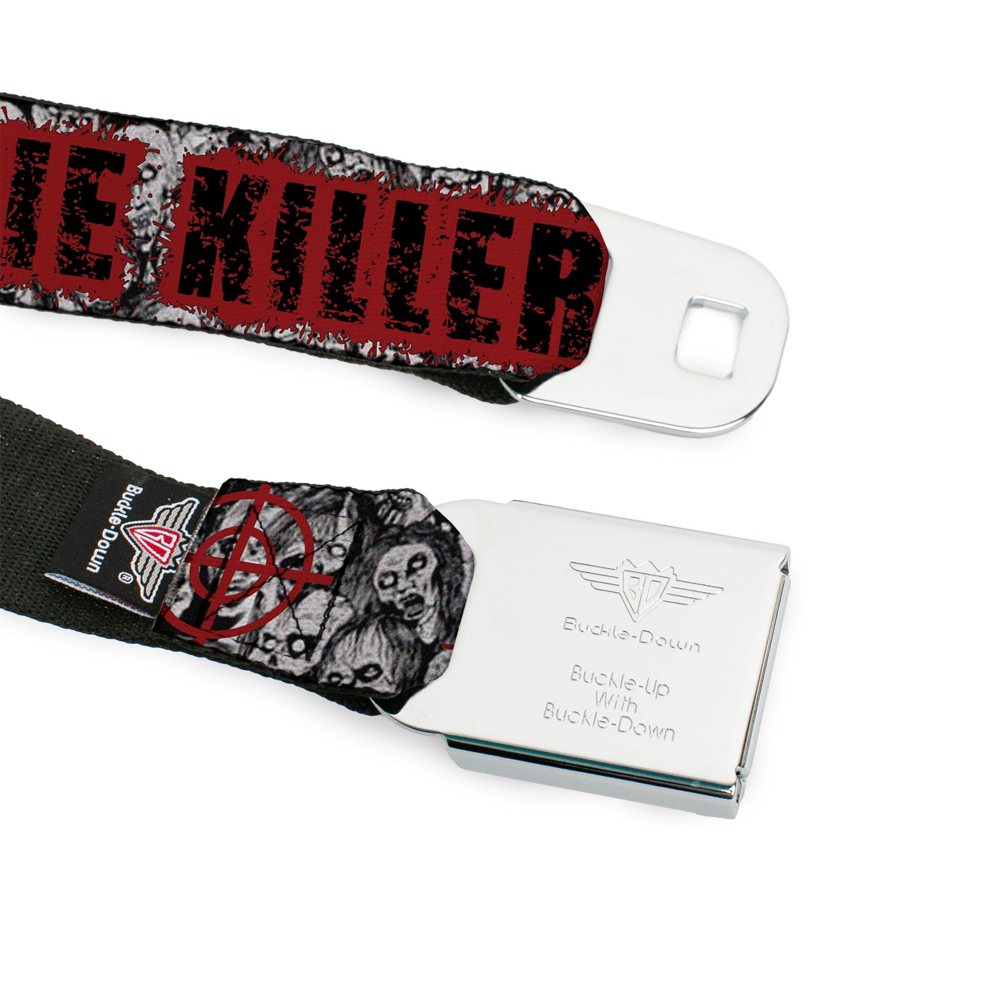 BD Wings Logo CLOSE-UP Full Color Black Silver Seatbelt Belt - ZOMBIE KILLER w/Stacked Zombies Sketch Webbing Seatbelt Belts Buckle-Down
