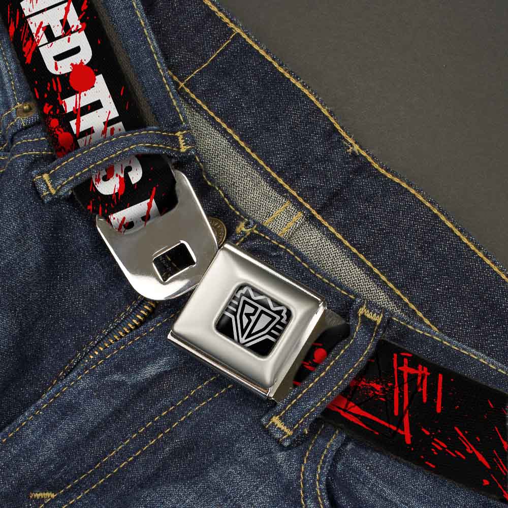 BD Wings Logo CLOSE-UP Full Color Black Silver Seatbelt Belt - ZOMBIES RUINED THIS BELT Black/White/Red Splatter Webbing Seatbelt Belts Buckle-Down