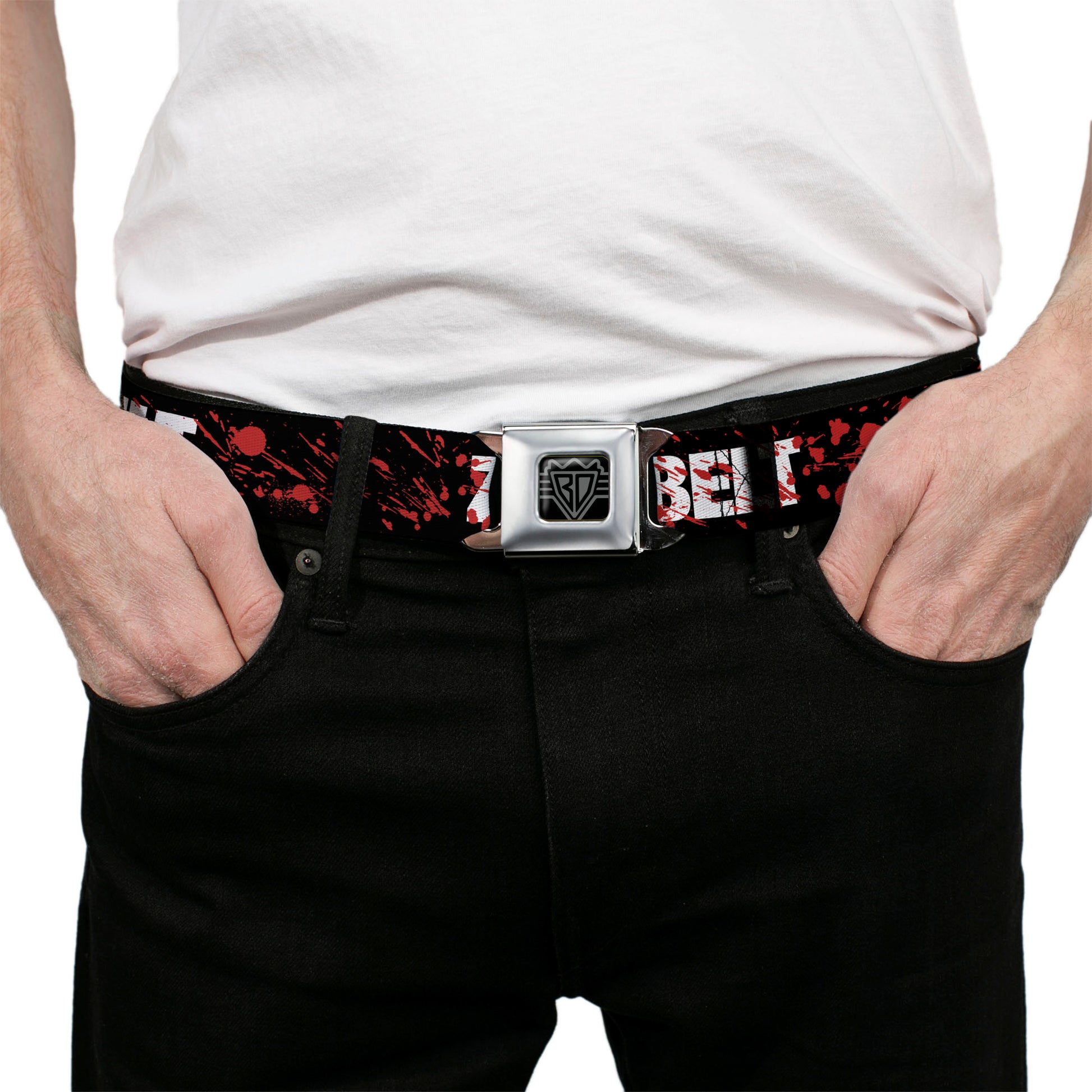 BD Wings Logo CLOSE-UP Full Color Black Silver Seatbelt Belt - ZOMBIES RUINED THIS BELT Black/White/Red Splatter Webbing Seatbelt Belts Buckle-Down