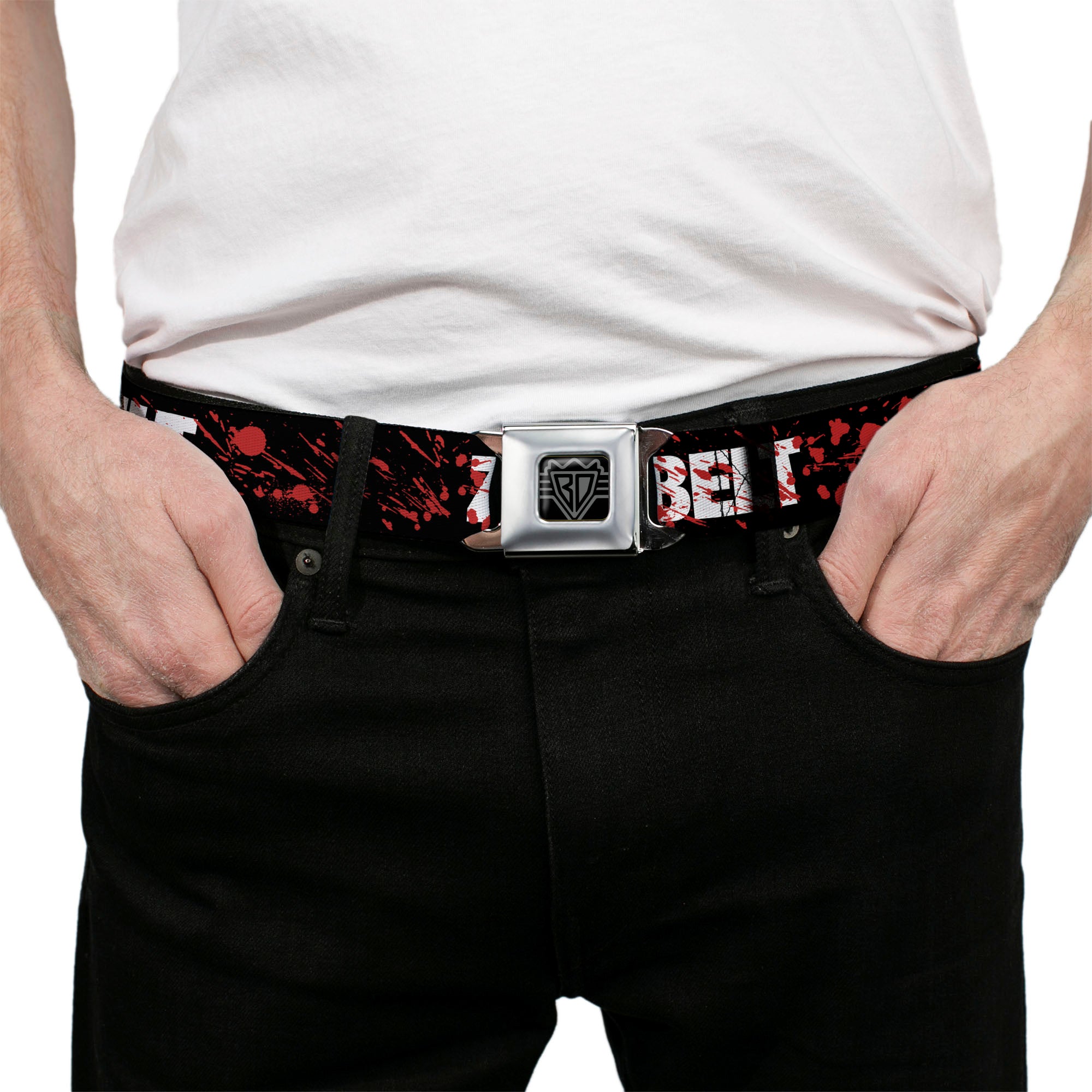 BD Wings Logo CLOSE-UP Full Color Black Silver Seatbelt Belt - ZOMBIES RUINED THIS BELT Black/White/Red Splatter Webbing Seatbelt Belts Buckle-Down