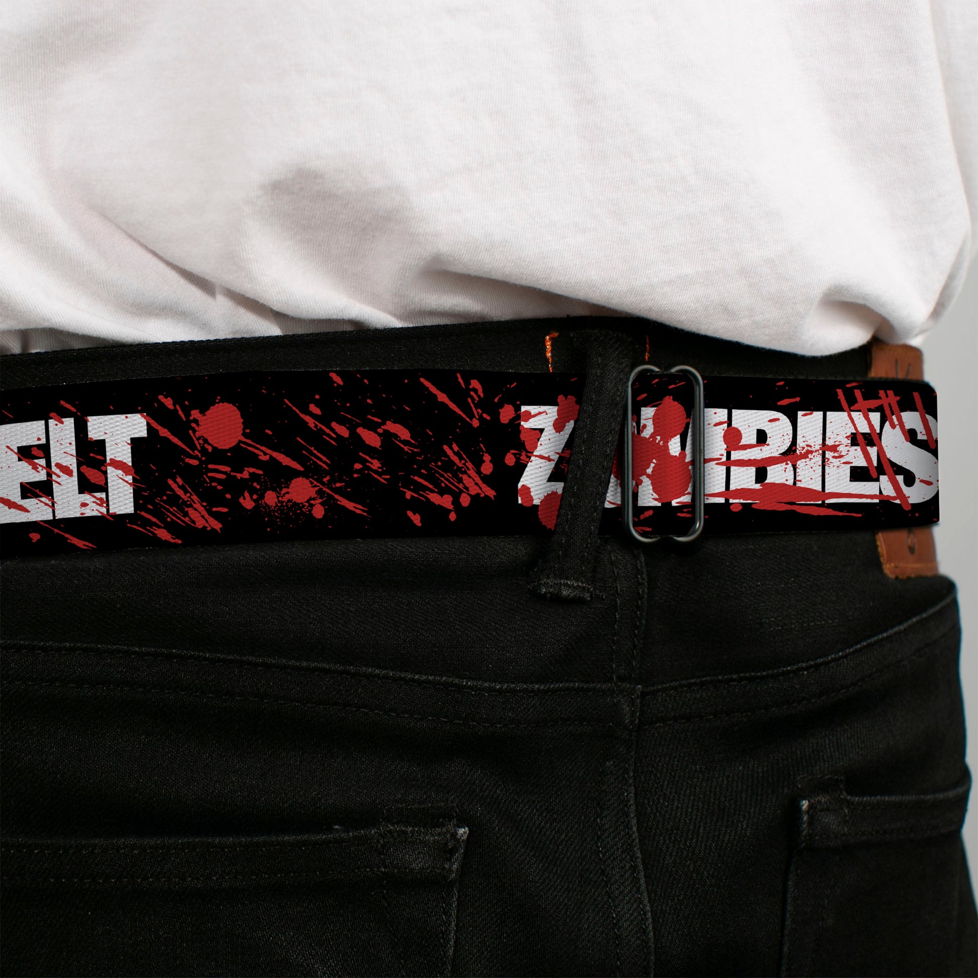 BD Wings Logo CLOSE-UP Full Color Black Silver Seatbelt Belt - ZOMBIES RUINED THIS BELT Black/White/Red Splatter Webbing Seatbelt Belts Buckle-Down