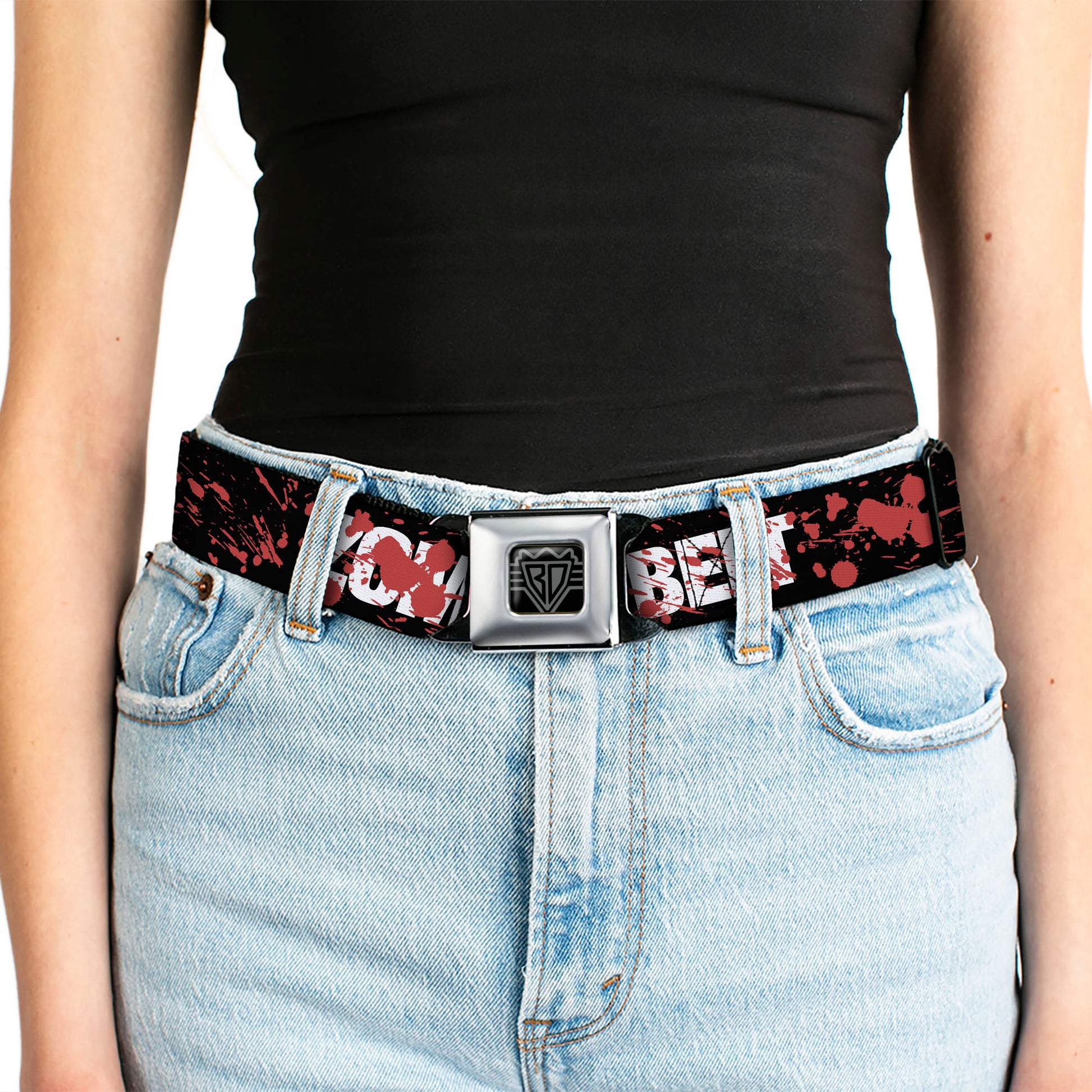 BD Wings Logo CLOSE-UP Full Color Black Silver Seatbelt Belt - ZOMBIES RUINED THIS BELT Black/White/Red Splatter Webbing Seatbelt Belts Buckle-Down