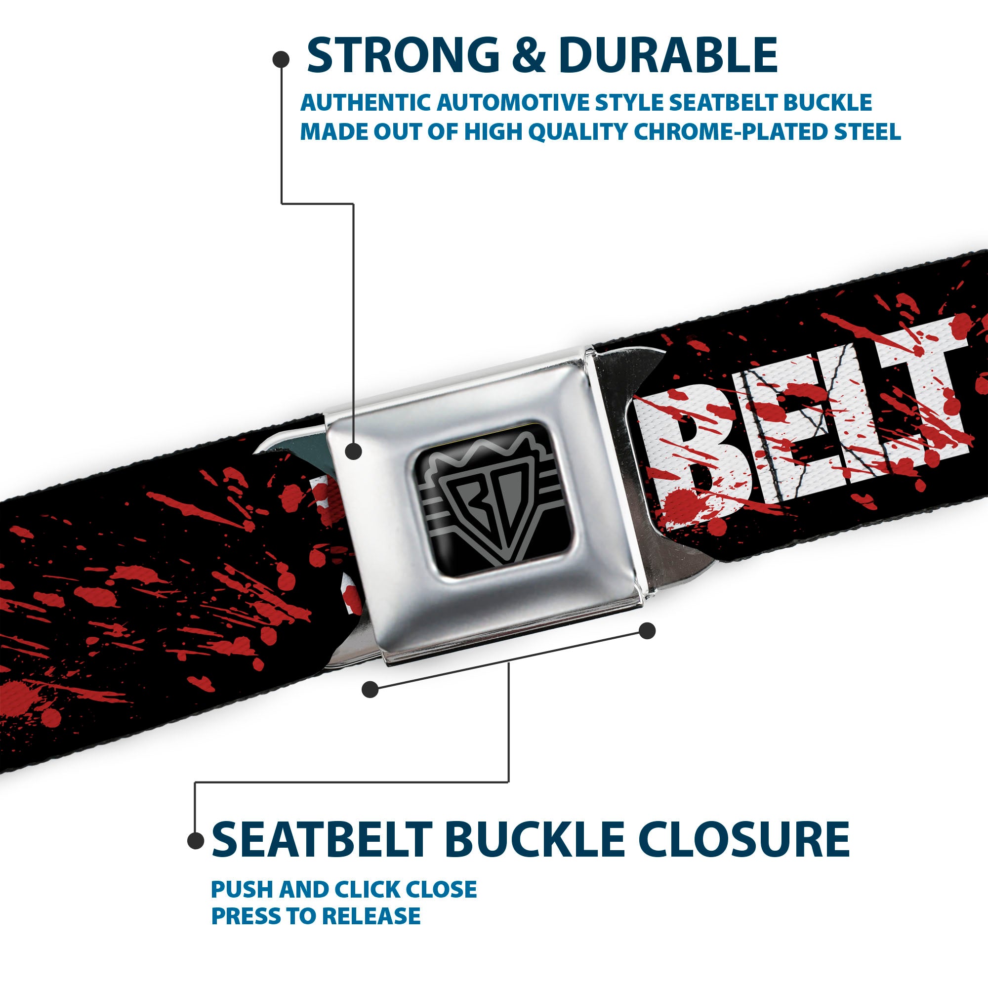 BD Wings Logo CLOSE-UP Full Color Black Silver Seatbelt Belt - ZOMBIES RUINED THIS BELT Black/White/Red Splatter Webbing Seatbelt Belts Buckle-Down