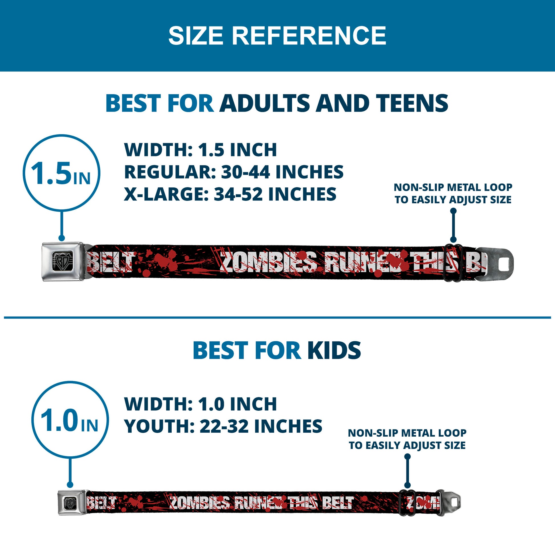 BD Wings Logo CLOSE-UP Full Color Black Silver Seatbelt Belt - ZOMBIES RUINED THIS BELT Black/White/Red Splatter Webbing Seatbelt Belts Buckle-Down