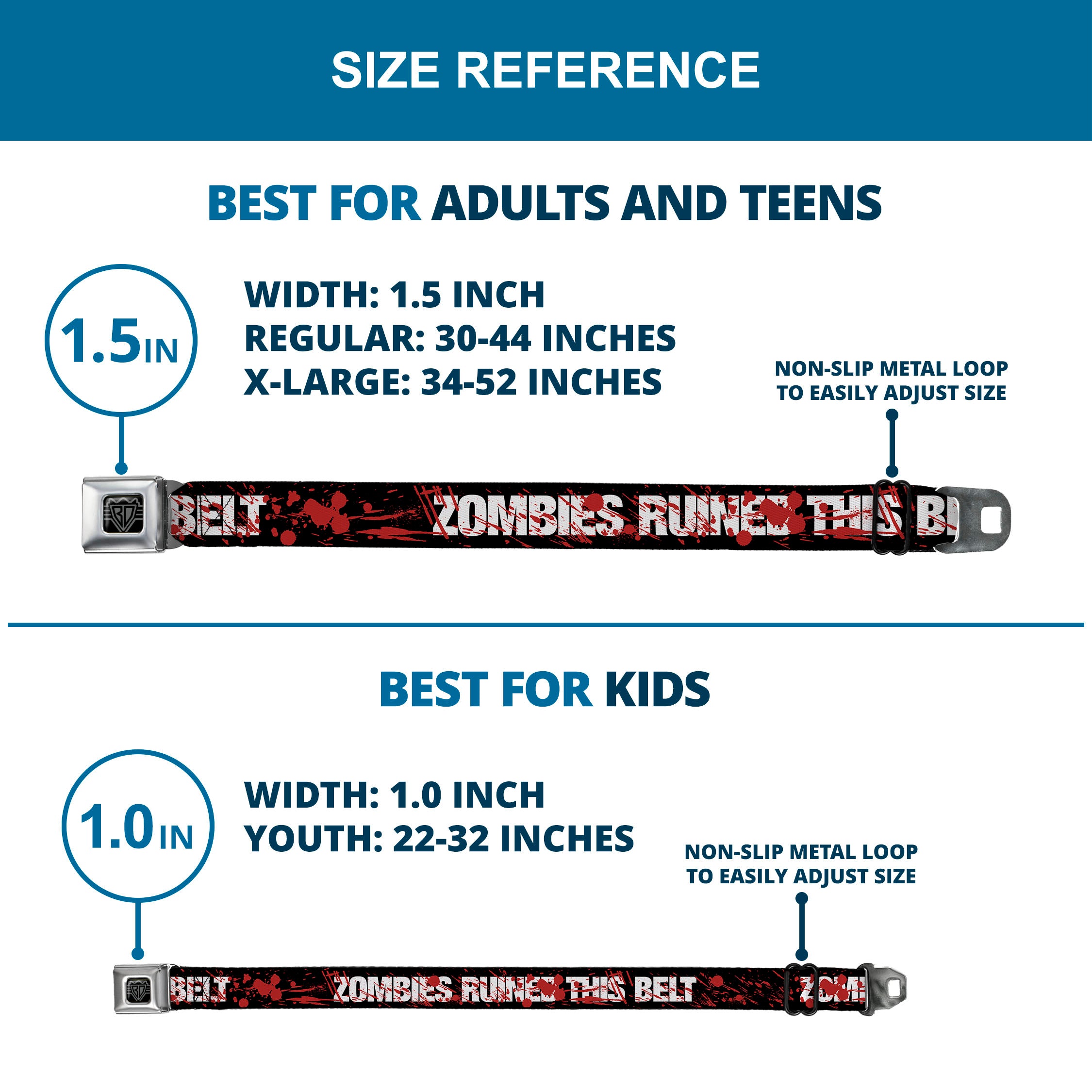 BD Wings Logo CLOSE-UP Full Color Black Silver Seatbelt Belt - ZOMBIES RUINED THIS BELT Black/White/Red Splatter Webbing Seatbelt Belts Buckle-Down