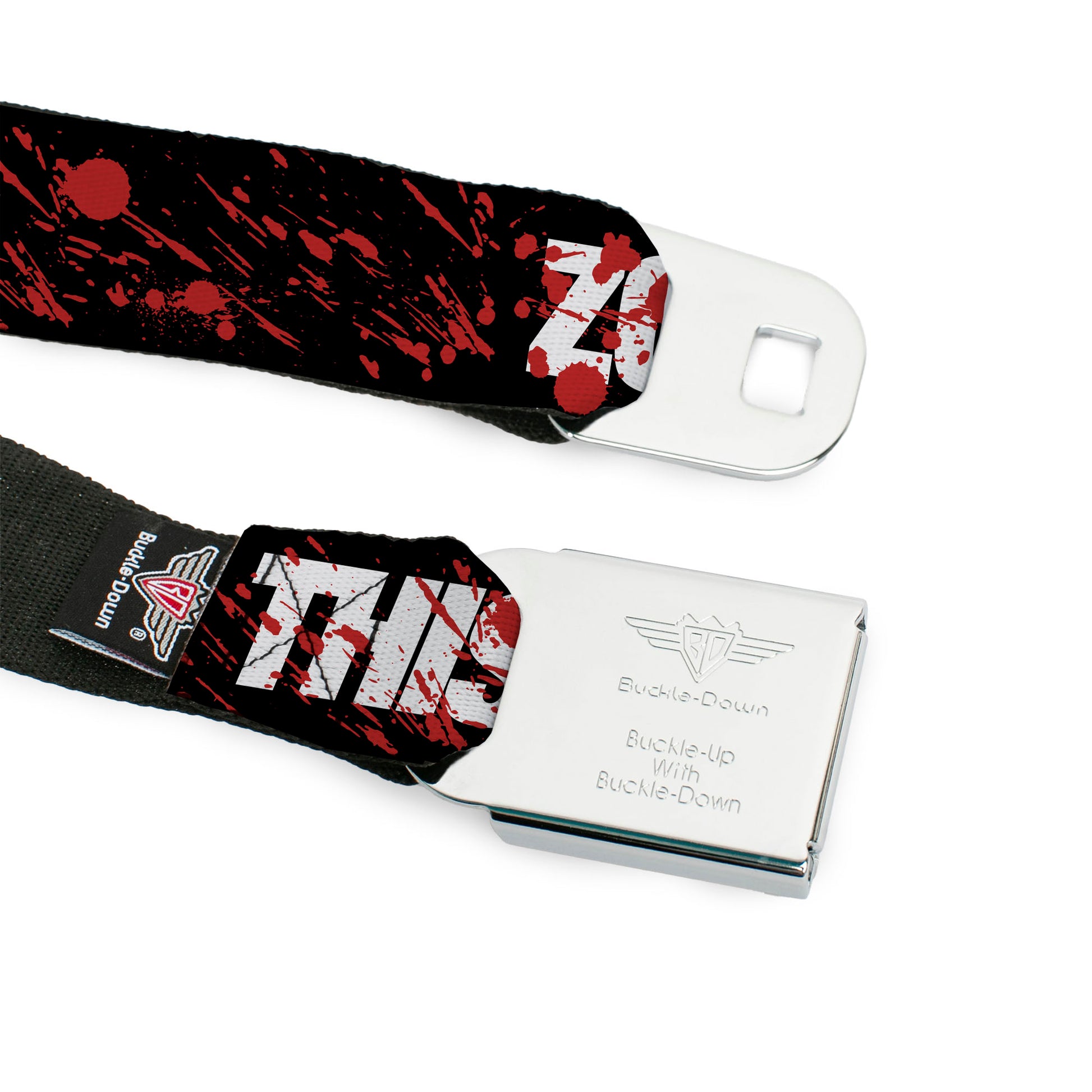 BD Wings Logo CLOSE-UP Full Color Black Silver Seatbelt Belt - ZOMBIES RUINED THIS BELT Black/White/Red Splatter Webbing Seatbelt Belts Buckle-Down