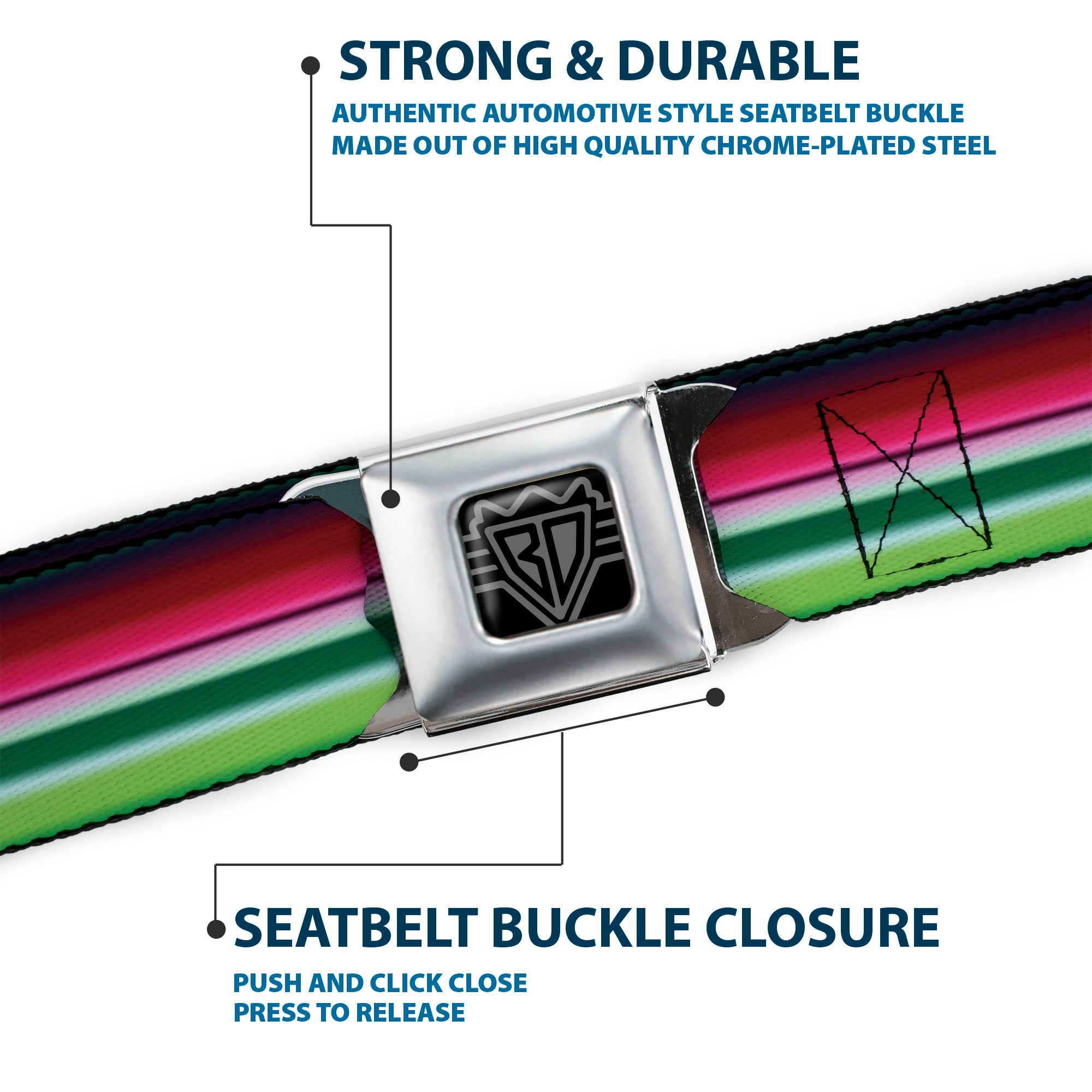 BD Wings Logo CLOSE-UP Full Color Black Silver Seatbelt Belt - Zarape1 Horizontal Red/White/Green Webbing Seatbelt Belts Buckle-Down