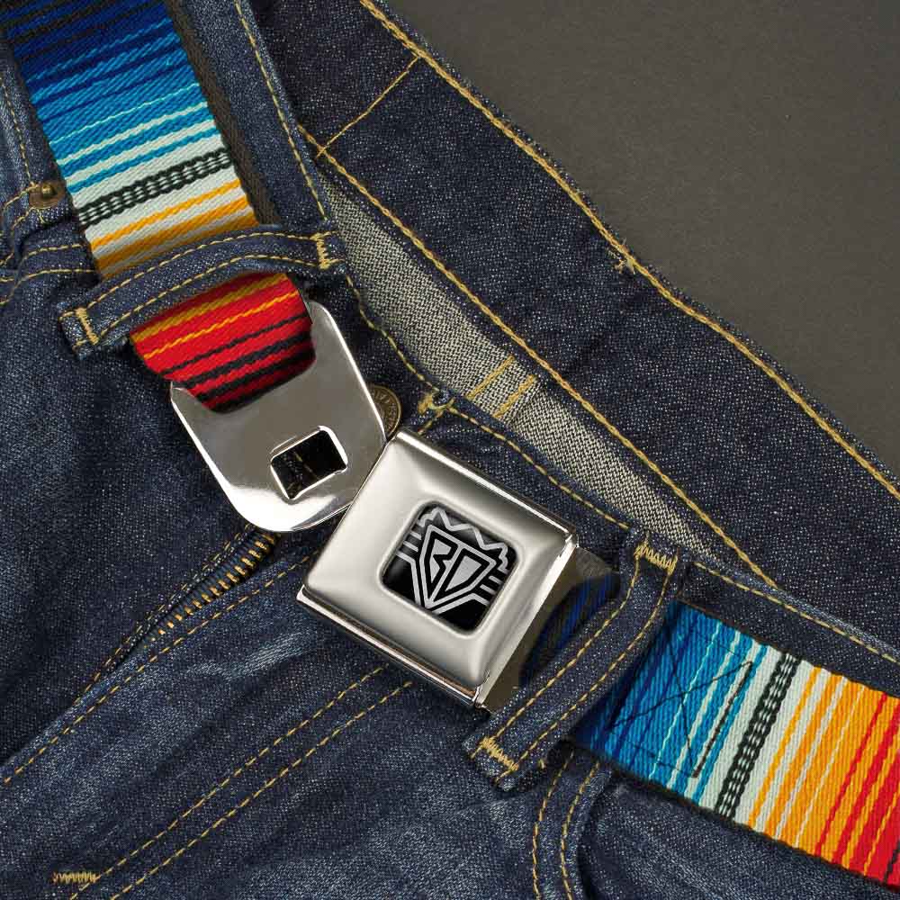 BD Wings Logo CLOSE-UP Full Color Black Silver Seatbelt Belt - Zarape2 Vertical Multi Color Stripe Webbing Seatbelt Belts Buckle-Down
